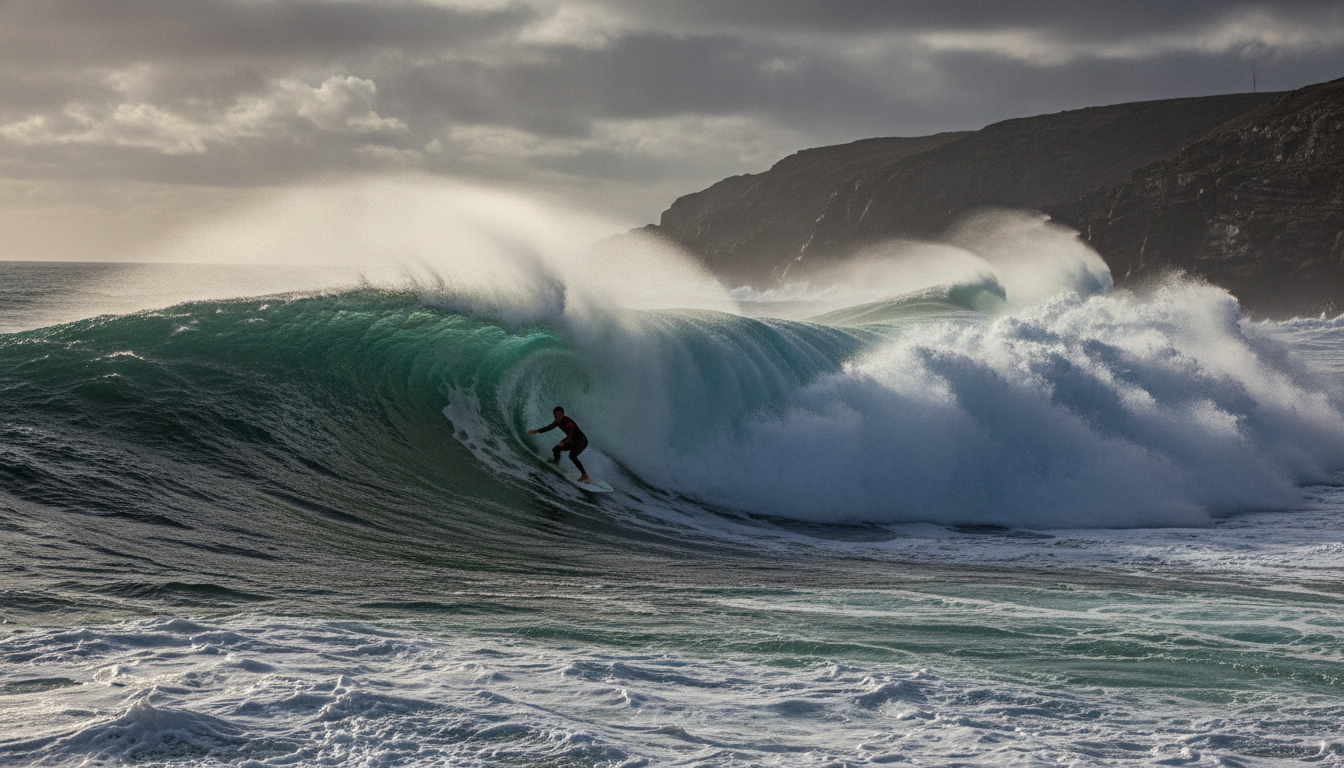 A dramatic scene capturing the breathtaking surf at Praia do Norte, Portugal, renowned for its colossal waves generated by the underwater Nazaré Canyon. In the foreground, a skilled surfer skillfully maneuvers atop a towering wave, showcasing the thrill of extreme surfing. The middle ground reveals a series of massive, curling waves crashing against the rocky shoreline, with white foam billowing around the surfboard. In the background, a rugged coastline under a dramatic, cloudy sky evokes the raw power of nature. The lighting highlights the intensity of the moment, casting shadows that emphasize the wave's depth and movement. Aim for a dynamic angle that captures both the surfer's action and the enormity of the waves, creating an atmosphere of awe and adventure. A dramatic scene capturing the breathtaking surf at Praia do Norte, Portugal, renowned for its colossal waves generated by the underwater Nazaré Canyon. In the foreground, a skilled surfer skillfully maneuvers atop a towering wave, showcasing the thrill of extreme surfing. The middle ground reveals a series of massive, curling waves crashing against the rocky shoreline, with white foam billowing around the surfboard. In the background, a rugged coastline under a dramatic, cloudy sky evokes the raw power of nature. The lighting highlights the intensity of the moment, casting shadows that emphasize the wave's depth and movement. Aim for a dynamic angle that captures both the surfer's action and the enormity of the waves, creating an atmosphere of awe and adventure.