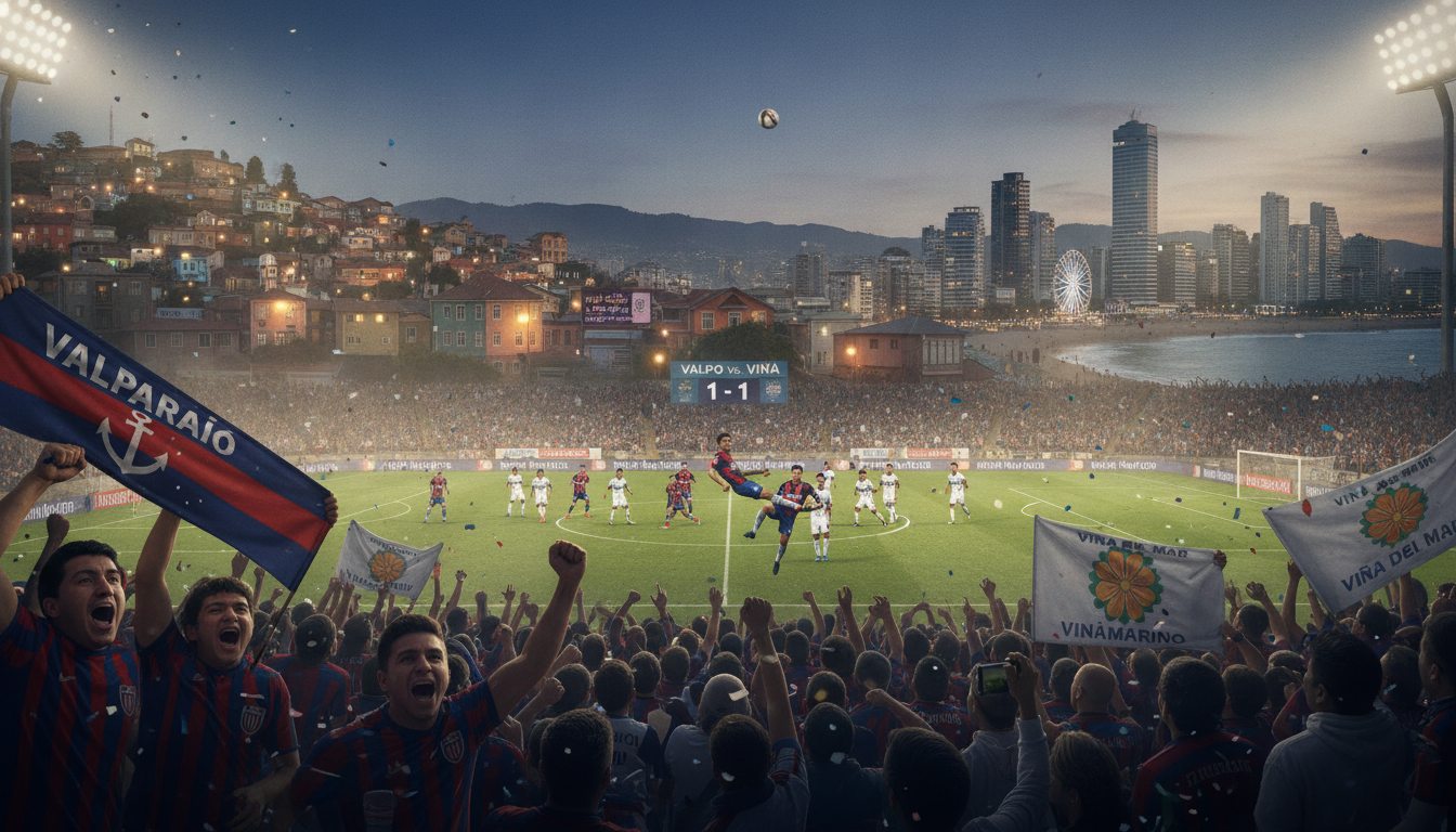 A dramatic scene capturing the emblematic moments in the rivalry between Valparaíso and Viña del Mar, showcasing a thrilling soccer match. In the foreground, a group of passionate fans from both cities are dressed in their team's colors, cheering wildly with flags and banners, their expressions filled with excitement and tension. The middle ground features a dynamic soccer field where players are in action, one team executing a powerful play while the other prepares to defend, all under the vivid spotlight of floodlights illuminating the night sky. In the background, the distinct architecture of Valparaíso's colorful hillside and Viña del Mar's beach skyline can be seen, establishing the geographical rivalry. The atmosphere is electric, with a sense of history and competition palpable in the air. Soft dusk lighting casts a warm glow over the scene, enhancing the emotional intensity. A dramatic scene capturing the emblematic moments in the rivalry between Valparaíso and Viña del Mar, showcasing a thrilling soccer match. In the foreground, a group of passionate fans from both cities are dressed in their team's colors, cheering wildly with flags and banners, their expressions filled with excitement and tension. The middle ground features a dynamic soccer field where players are in action, one team executing a powerful play while the other prepares to defend, all under the vivid spotlight of floodlights illuminating the night sky. In the background, the distinct architecture of Valparaíso's colorful hillside and Viña del Mar's beach skyline can be seen, establishing the geographical rivalry. The atmosphere is electric, with a sense of history and competition palpable in the air. Soft dusk lighting casts a warm glow over the scene, enhancing the emotional intensity.