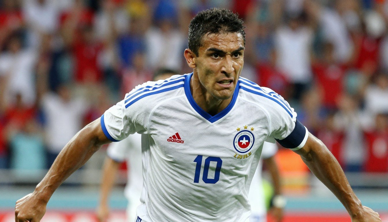 A dynamic and powerful image of Gary Medel, the iconic Chilean football player, in his national team jersey, depicting him in an intense moment of action on the soccer field. He should be captured in a close-up shot, with a fierce expression that embodies his competitive spirit and determination, showcasing his muscular build. The background should feature a cheering crowd in a vibrant stadium, with a blurred effect to emphasize Medel in the foreground. The lighting should be bright and energetic, symbolizing the excitement of a crucial match. The angle should be slightly from below, enhancing his stature and presence as a formidable defender for Chile. The overall mood should convey intensity and pride, celebrating his legacy within the Chilean national team.