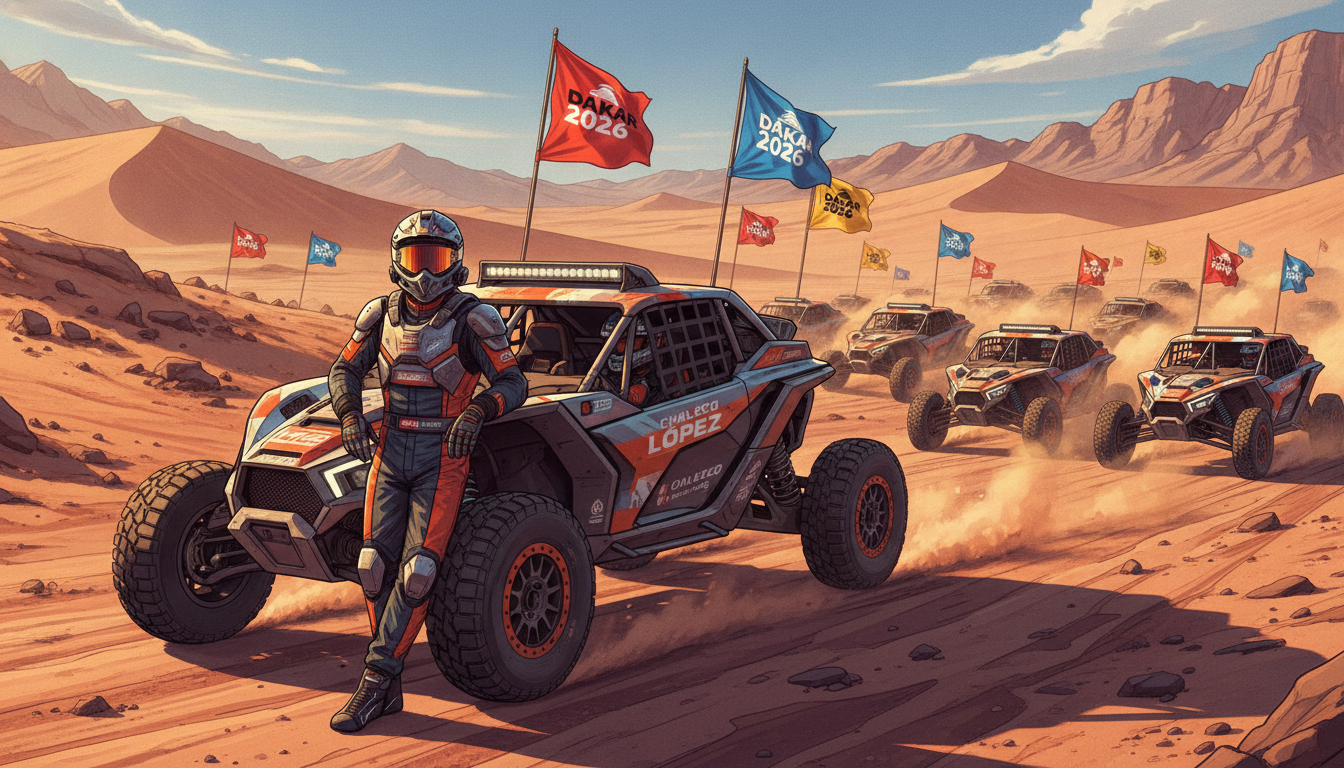A dynamic and vibrant illustration capturing the essence of the Dakar 2026 classification impact, featuring Chaleco López in a competitive setting. In the foreground, depict Chaleco in sleek racing attire, confidently standing next to a Side by Side vehicle, detailing its advanced design. In the middle ground, racing competitors are shown navigating a rugged terrain, showcasing determination and speed, while colorful flags wave in excitement. The background features a dramatic desert landscape under a bright, clear sky, enhancing the intensity of the race. Use warm sunlight to create shadows and highlights, emphasizing the adrenaline and energy of the event. The overall mood should be exhilarating and motivational, resonating with the thrill of motorsports and the spirit of competition.