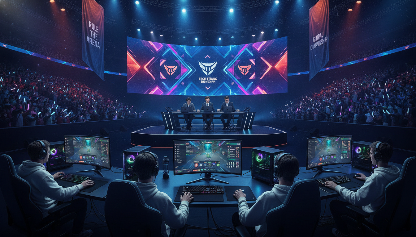 A dynamic esports competition scene set in a modern gaming arena, showcasing a large, high-tech stage with glowing LED screens and an audience filled with excited fans. In the foreground, depict professional gamers in modest casual attire, intensely focused as they engage in gameplay on powerful gaming PCs, surrounded by multiple monitors displaying vibrant graphics and statistics. The middle ground features a panel of judges with laptops, carefully monitoring the gameplay. The background should include colorful banners displaying the competition logo and lighting effects casting dramatic shadows. Aim for a high-energy atmosphere with bright, vivid colors, capturing the essence of esports, while ensuring the setting feels organized and professional, highlighting the technical aspects of competition structure and regulation.