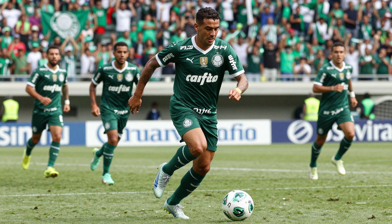 A dynamic scene capturing Jorge Valdivia, the legendary Chilean footballer, in action during a memorable match with Palmeiras. In the foreground, Valdivia is dribbling the ball skillfully, showcasing his elegant playing style, wearing the iconic green Palmeiras jersey. His confident expression conveys determination and passion. In the middle ground, teammates and opposing players can be seen, emphasizing the intensity of the match, with focus on their expressions of engagement. The background features a packed stadium filled with rowdy fans waving Palmeiras flags, creating an electric atmosphere. The lighting is bright, simulating a sunny afternoon match, enhancing the vibrant green of the field and jersey. Capture this moment with a slightly low-angle view to emphasize the heroism of Valdivia amidst the excitement of football.
