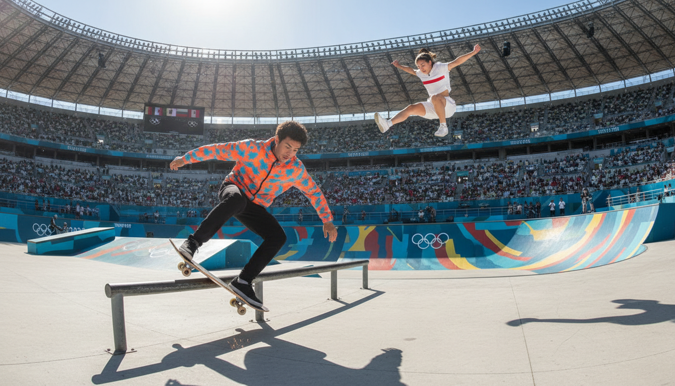 A dynamic scene capturing skateboarders in action during the Olympic Games. In the foreground, a male skateboarder performs a stylish grind on a rail, dressed in a vibrant, sporty outfit. In the middle ground, a female skateboarder is soaring through the air, executing a trick above a brightly colored half-pipe, showcasing both skill and grace. The background features a vibrant Olympic venue with banners and spectators cheering. The lighting is bright and energetic, casting sharp shadows and highlighting the movement and intensity of the skaters. The mood is exhilarating and celebratory, embodying the spirit of competition and athleticism. A wide-angle view emphasizes the scale of the event, capturing the essence of Street and Park skateboarding in a thrilling Olympic setting.