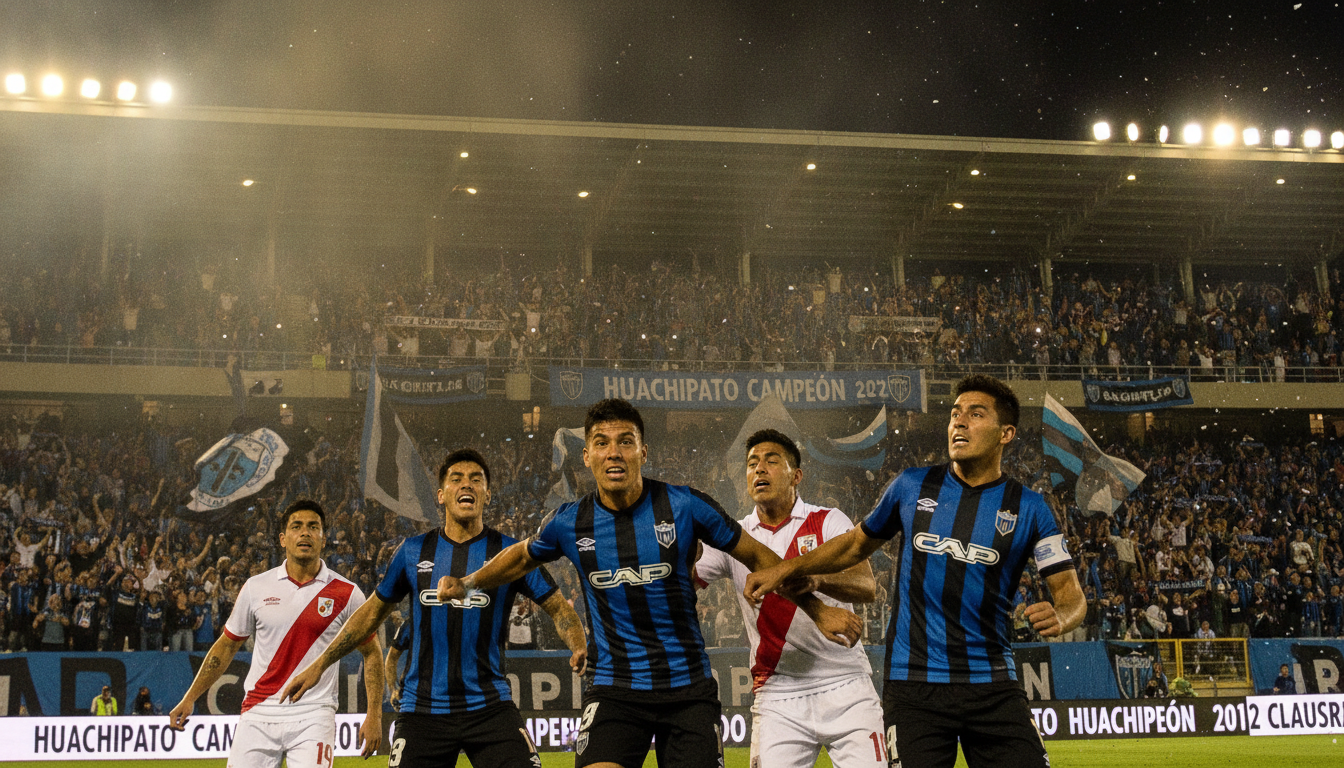 A dynamic scene capturing the essence of Huachipato's 2012 Copa Clausura triumph, featuring an intensely focused football match in an atmospheric stadium. In the foreground, players in Huachipato's blue and black kit exhibit fierce determination as they compete for the ball, showcasing lively expressions of teamwork and strategy. The middle ground includes enthusiastic fans waving flags and scarves, filled with excitement and support. In the background, the brightly lit stadium is drenched in dramatic night lighting, accentuating the electric atmosphere. The image should be taken from a low angle, emphasizing player action and crowd engagement, creating a sense of urgency and pride. The overall mood is celebratory and triumphant, reflecting the spirit of victory and the passion of Chilean football.