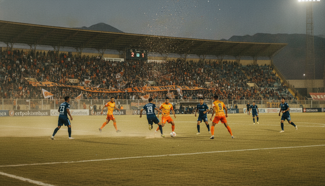 A dynamic scene capturing the essence of a football match at Estadio Tierra Campeones during the "Clásico del Norte" rivalry between Cobreloa and Deportes Iquique. In the foreground, focus on two teams in intense action: players in vibrant orange and yellow jerseys for Cobreloa and deep blue for Iquique, showcasing determination and skill. The middle ground features passionate fans in the stands, waving flags, and wearing team colors, creating an electrifying atmosphere. In the background, the stadium is illuminated by bright floodlights, enhancing the night sky. Use a wide-angle lens to capture the excitement and drama, evoking a sense of adrenaline and fervor, with a cinematic finish that highlights the shared love for football in the arid desert setting of northern Chile. The overall mood is thrilling and vibrant, underscoring the deep-rooted passion of football culture. A dynamic scene capturing the essence of a football match at Estadio Tierra Campeones during the "Clásico del Norte" rivalry between Cobreloa and Deportes Iquique. In the foreground, focus on two teams in intense action: players in vibrant orange and yellow jerseys for Cobreloa and deep blue for Iquique, showcasing determination and skill. The middle ground features passionate fans in the stands, waving flags, and wearing team colors, creating an electrifying atmosphere. In the background, the stadium is illuminated by bright floodlights, enhancing the night sky. Use a wide-angle lens to capture the excitement and drama, evoking a sense of adrenaline and fervor, with a cinematic finish that highlights the shared love for football in the arid desert setting of northern Chile. The overall mood is thrilling and vibrant, underscoring the deep-rooted passion of football culture.
