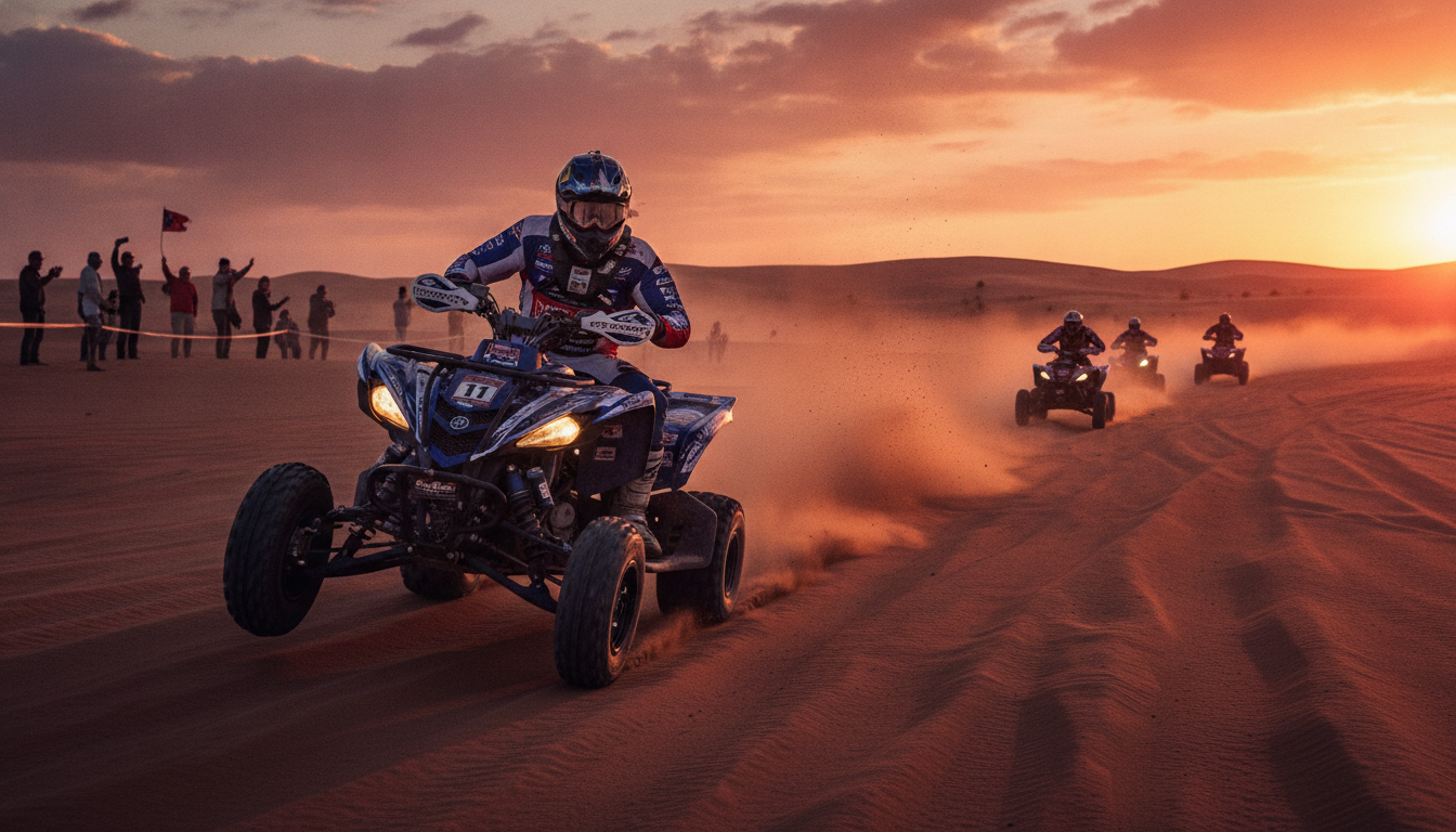 A dynamic scene capturing the essence of the Dakar Rally, focusing on Ignacio Casale racing on his quad in a dramatic desert landscape. In the foreground, Casale is captured in action, wearing a colorful racing suit and helmet, with dust flying as he navigates the rugged terrain. The middle ground shows other quads in motion, emphasizing competition, while a cheering crowd can be glimpsed in the distance. The background features rolling sand dunes under a vivid sunset sky, casting an orange and pink glow across the scene. Utilize a low-angle perspective to enhance the intensity of the race, with dramatic lighting highlighting the dust and movement. The atmosphere should be exhilarating and full of energy, embodying the spirit of adventure and endurance inherent in the Dakar Rally. A dynamic scene capturing the essence of the Dakar Rally, focusing on Ignacio Casale racing on his quad in a dramatic desert landscape. In the foreground, Casale is captured in action, wearing a colorful racing suit and helmet, with dust flying as he navigates the rugged terrain. The middle ground shows other quads in motion, emphasizing competition, while a cheering crowd can be glimpsed in the distance. The background features rolling sand dunes under a vivid sunset sky, casting an orange and pink glow across the scene. Utilize a low-angle perspective to enhance the intensity of the race, with dramatic lighting highlighting the dust and movement. The atmosphere should be exhilarating and full of energy, embodying the spirit of adventure and endurance inherent in the Dakar Rally.