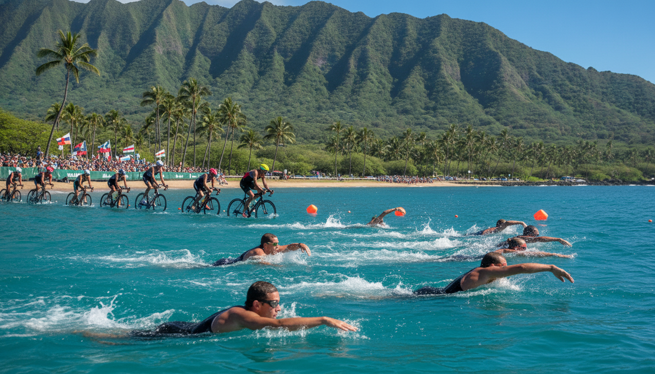 A dynamic scene of legendary Ironman athletes in action at the Hawaii Ironman triathlon. In the foreground, a diverse group of fit and determined athletes, including both men and women of various ethnicities, are swimming in the vibrant blue ocean, their expressions focused and intense. The middle ground captures cyclists pushing their limits on a winding coastal road, with lush green mountains rising majestically behind them. In the background, a cheering crowd and tropical palm trees under a clear, sunny sky amplify the atmosphere of excitement and camaraderie. The image is illuminated with bright sunlight casting dynamic shadows, creating a sense of movement and energy. The overall mood is inspiring and triumphant, showcasing the spirit of perseverance and athleticism that defines the Ironman legacy in Hawaii. A dynamic scene of legendary Ironman athletes in action at the Hawaii Ironman triathlon. In the foreground, a diverse group of fit and determined athletes, including both men and women of various ethnicities, are swimming in the vibrant blue ocean, their expressions focused and intense. The middle ground captures cyclists pushing their limits on a winding coastal road, with lush green mountains rising majestically behind them. In the background, a cheering crowd and tropical palm trees under a clear, sunny sky amplify the atmosphere of excitement and camaraderie. The image is illuminated with bright sunlight casting dynamic shadows, creating a sense of movement and energy. The overall mood is inspiring and triumphant, showcasing the spirit of perseverance and athleticism that defines the Ironman legacy in Hawaii.