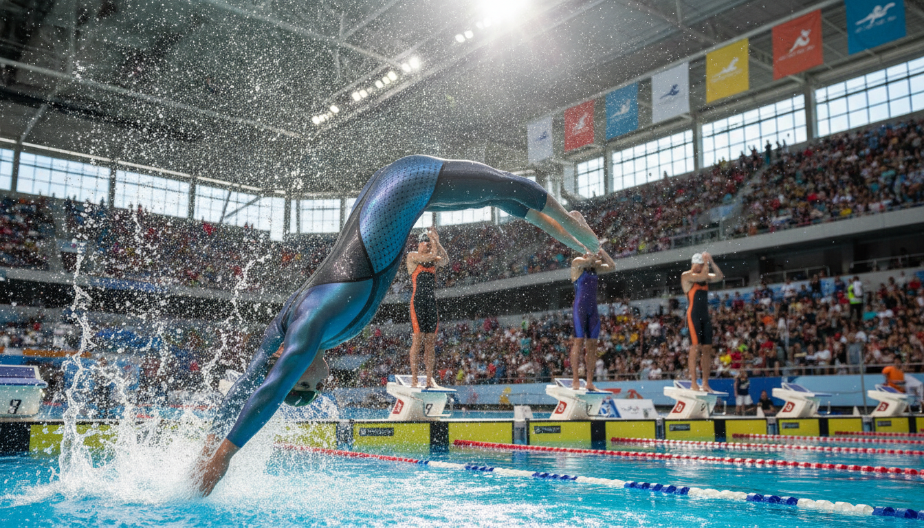 A dynamic scene showcasing a competitive swimming environment featuring polyurethane racing suits, emphasizing their sleek design and cutting-edge technology. In the foreground, a swimmer in an aerodynamic polyurethane suit dives into a pool, capturing the essence of speed and innovation. The middle ground displays additional athletes preparing for their races, focused and determined. The background features an Olympic-sized pool and cheering spectators under bright, natural lighting, enhancing the atmosphere of a high-stakes competition. The overall mood is intense and exhilarating, highlighting the historic impact of these "magic" suits on the sport of swimming, with a vibrant color palette reflecting the energy of the event.