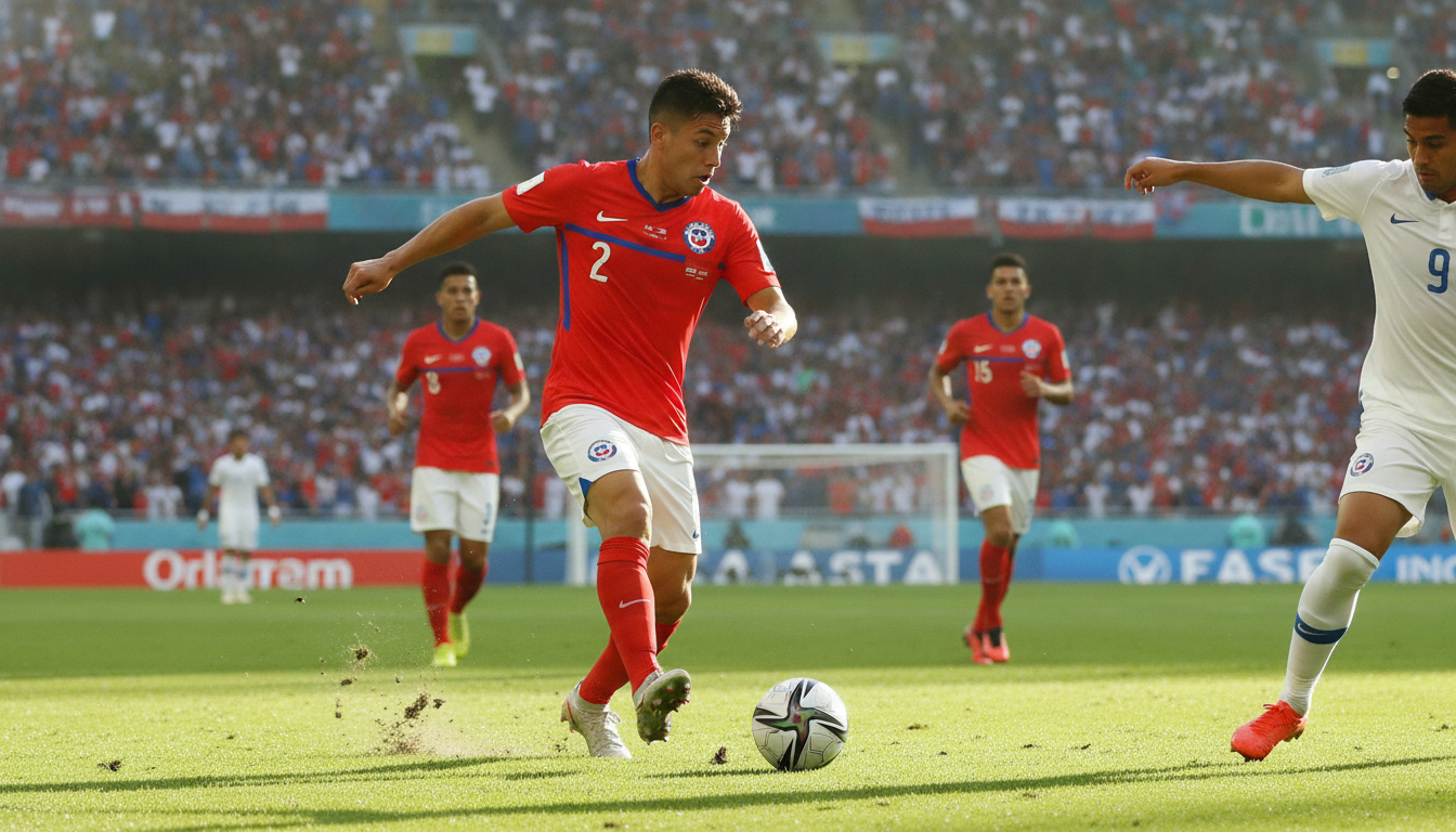 A dynamic soccer scene showcasing a right-back player in action on a green field, emphasizing the relentless pace and agility typical of the Chilean football style. In the foreground, the lateral derecho is depicted dribbling past an opposing player, wearing the iconic red uniform of La Roja, reflecting a sense of movement. In the middle ground, teammates are positioned strategically, indicating coordinated teamwork. The background features a vibrant stadium with cheering fans, capturing the excitement of a significant match. The lighting is bright and natural, emphasizing the player's determination and athleticism, while a low-angle shot conveys the intensity of the moment. The overall mood is energetic and competitive, illustrating the critical role of the right-back in football.
