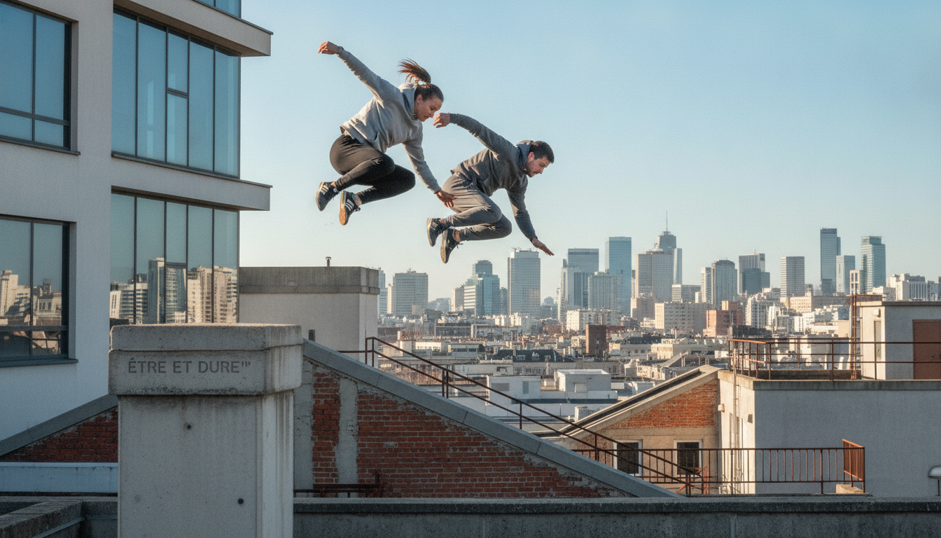 A dynamic urban scene capturing the essence of Parkour, featuring a male and female practitioner in modest casual athletic clothing mid-jump, gracefully leaping over a stylish modern building. In the foreground, the practitioners exhibit fluid motion, showcasing strength and agility. In the middle ground, various architectural elements like walls, railings, and rooftops emphasize the urban landscape. The background reveals a vibrant city skyline under a bright blue sky, with soft, natural lighting illuminating the scene, creating a sense of freedom and movement. The camera angle is slightly tilted upwards to enhance the sense of elevation, while the overall mood conveys determination, resilience, and the philosophy of 'Être et durer'—to be and to endure. A dynamic urban scene capturing the essence of Parkour, featuring a male and female practitioner in modest casual athletic clothing mid-jump, gracefully leaping over a stylish modern building. In the foreground, the practitioners exhibit fluid motion, showcasing strength and agility. In the middle ground, various architectural elements like walls, railings, and rooftops emphasize the urban landscape. The background reveals a vibrant city skyline under a bright blue sky, with soft, natural lighting illuminating the scene, creating a sense of freedom and movement. The camera angle is slightly tilted upwards to enhance the sense of elevation, while the overall mood conveys determination, resilience, and the philosophy of 'Être et durer'—to be and to endure.