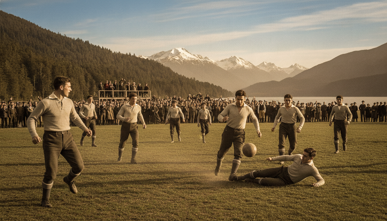 A historic scene depicting the early days of professional football in the Los Lagos region. In the foreground, a group of young, enthusiastic players in vintage football kits, showcasing passion and determination as they engage in a lively match. The middle ground features a diverse crowd of spectators, dressed in modest casual clothing, cheering and celebrating the game. The background presents a scenic view of the region, with lush greenery and mountains under a bright blue sky, suggesting an idyllic atmosphere. Soft, warm lighting enhances the mood, highlighting the sense of community and excitement. The angle captures the dynamic action on the field, focusing on players passing the ball and the joy of teamwork.