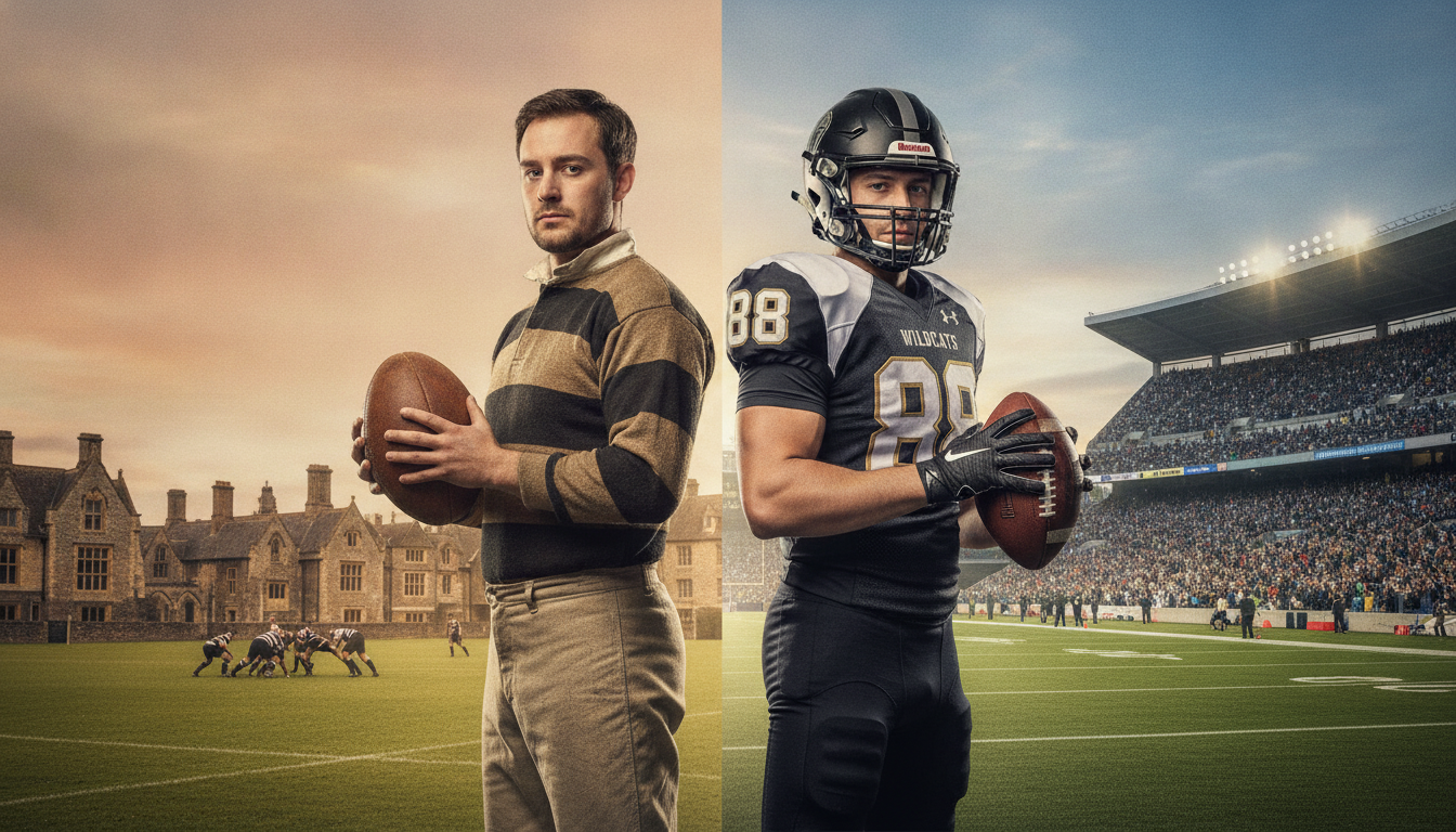 A historical comparison image showcasing the origins of rugby and American football. In the foreground, depict two athletes: one in traditional rugby attire with a classic rugby ball, and the other in modern American football gear, confidently holding a football. The middle ground should feature a split environment: on one side, the iconic Rugby School in England with stone buildings and lush green fields, and on the other, a vibrant American university stadium filled with enthusiastic fans. The background should include a gradient sky representing the passage of time, transitioning from dusk to dawn, symbolizing evolution. Use warm, natural lighting to create a nostalgic yet dynamic atmosphere, emphasizing the historical significance and competitive spirit of both sports. A historical comparison image showcasing the origins of rugby and American football. In the foreground, depict two athletes: one in traditional rugby attire with a classic rugby ball, and the other in modern American football gear, confidently holding a football. The middle ground should feature a split environment: on one side, the iconic Rugby School in England with stone buildings and lush green fields, and on the other, a vibrant American university stadium filled with enthusiastic fans. The background should include a gradient sky representing the passage of time, transitioning from dusk to dawn, symbolizing evolution. Use warm, natural lighting to create a nostalgic yet dynamic atmosphere, emphasizing the historical significance and competitive spirit of both sports.