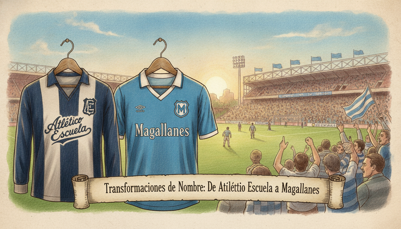 A historical illustration depicting the evolution of the football club with a focus on "Transformaciones de Nombre: De Atlético Escuela a Magallanes." In the foreground, feature an old football jersey with the name "Atlético Escuela" displayed prominently, next to a modern jersey displaying "Magallanes," both hanging on vintage wooden hangers. The middle layer shows a blurred view of a lush football pitch, lined with cheering fans dressed in club colors, evoking a sense of nostalgia and excitement. In the background, a sunlit stadium is visible, with a clear blue sky above, enhancing the atmosphere of celebration and history. Soft, warm lighting emphasizes the jerseys, creating a sense of reverence and pride in the club's legacy.