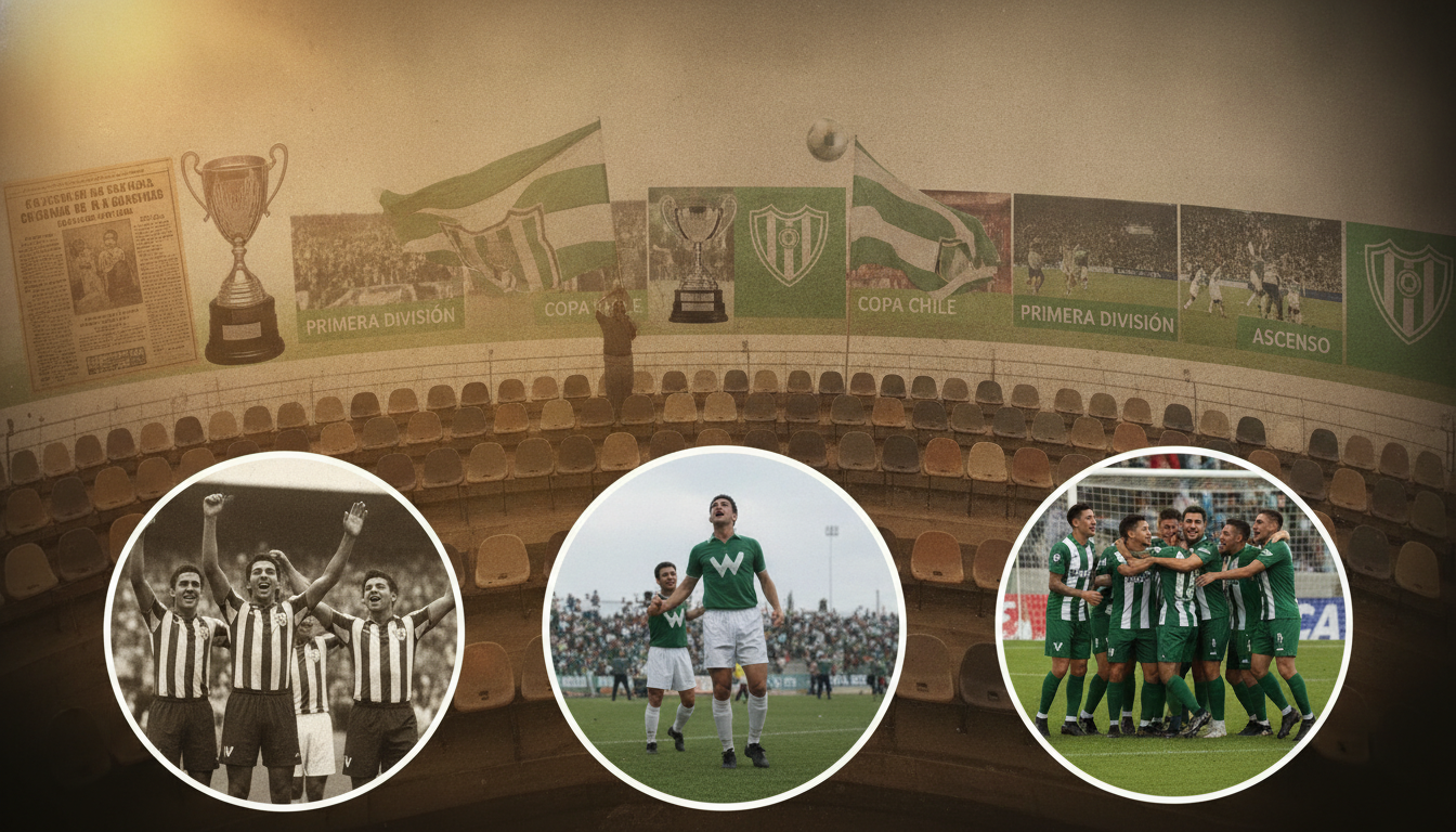 A historical montage depicting the evolution of Santiago Wanderers in national competitions. The foreground features iconic moments from different eras, showcasing players in traditional green and white uniforms passionately celebrating goals. In the middle ground, include empty stadium seats with fans waving flags, illustrating the club's dedicated support. In the background, portray a timeline of significant competitions, like league cups and national tournaments, represented by faded images of trophies and match highlights. The image should capture a nostalgic yet triumphant atmosphere, with warm lighting to evoke a sense of pride and history. Use a slightly elevated angle to encompass the entire scene in a dynamic lens perspective, creating a vibrant and engaging visual narrative.