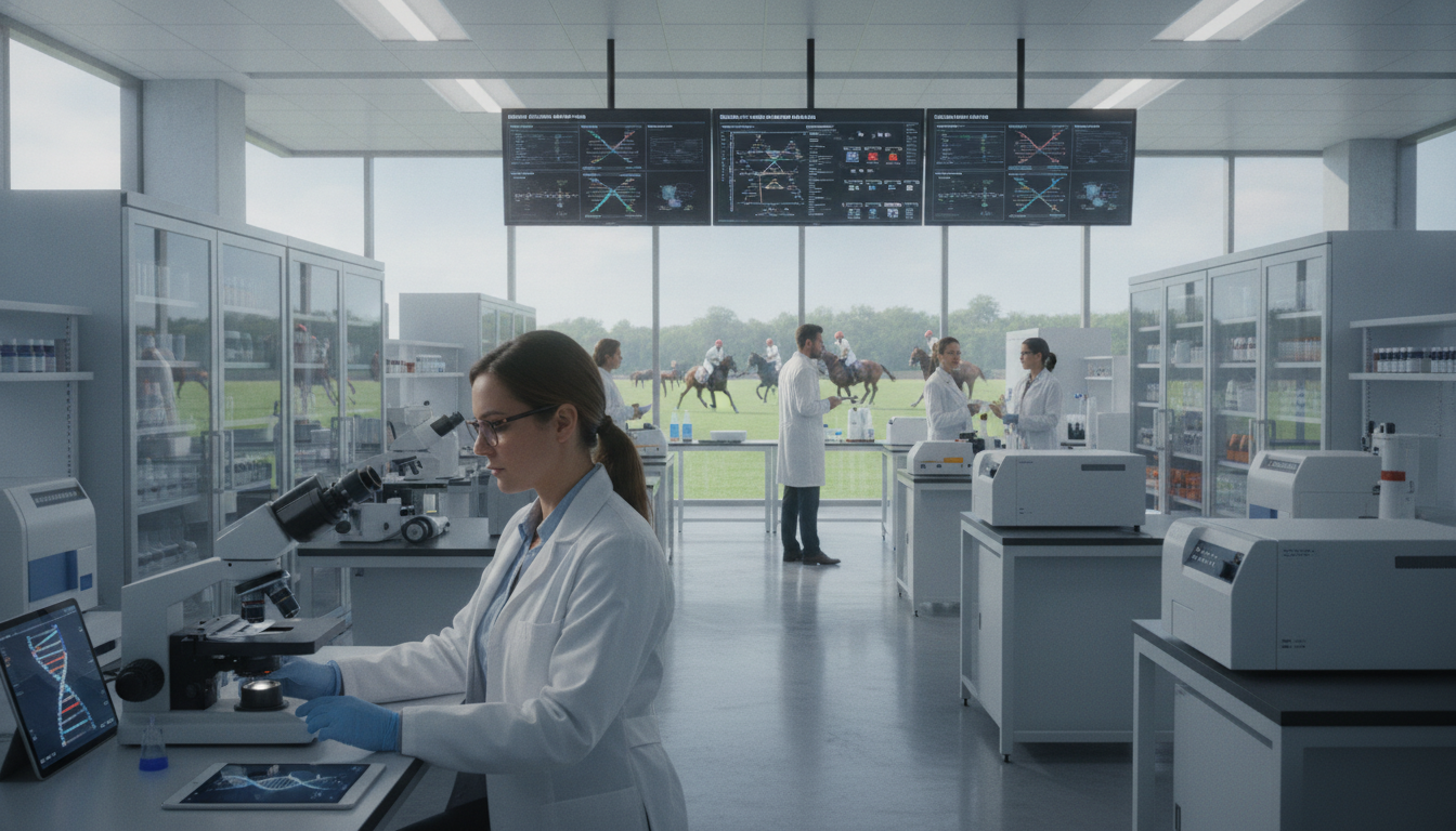A modern equine genetics laboratory focused on horse improvement, featuring advanced scientific equipment and researchers in professional attire. In the foreground, a scientist examines genetic samples under a microscope. The middle ground showcases a spacious lab filled with high-tech devices, DNA sequencing screens, and charts on equine genetics. In the background, large windows reveal a lush polo field with horses galloping, embodying the connection between science and the world of polo. Soft, natural lighting illuminates the scene, creating an atmosphere of innovation and excitement. The composition captures the synergy of science and sport, emphasizing the cutting-edge advancements in horse breeding and cloning.