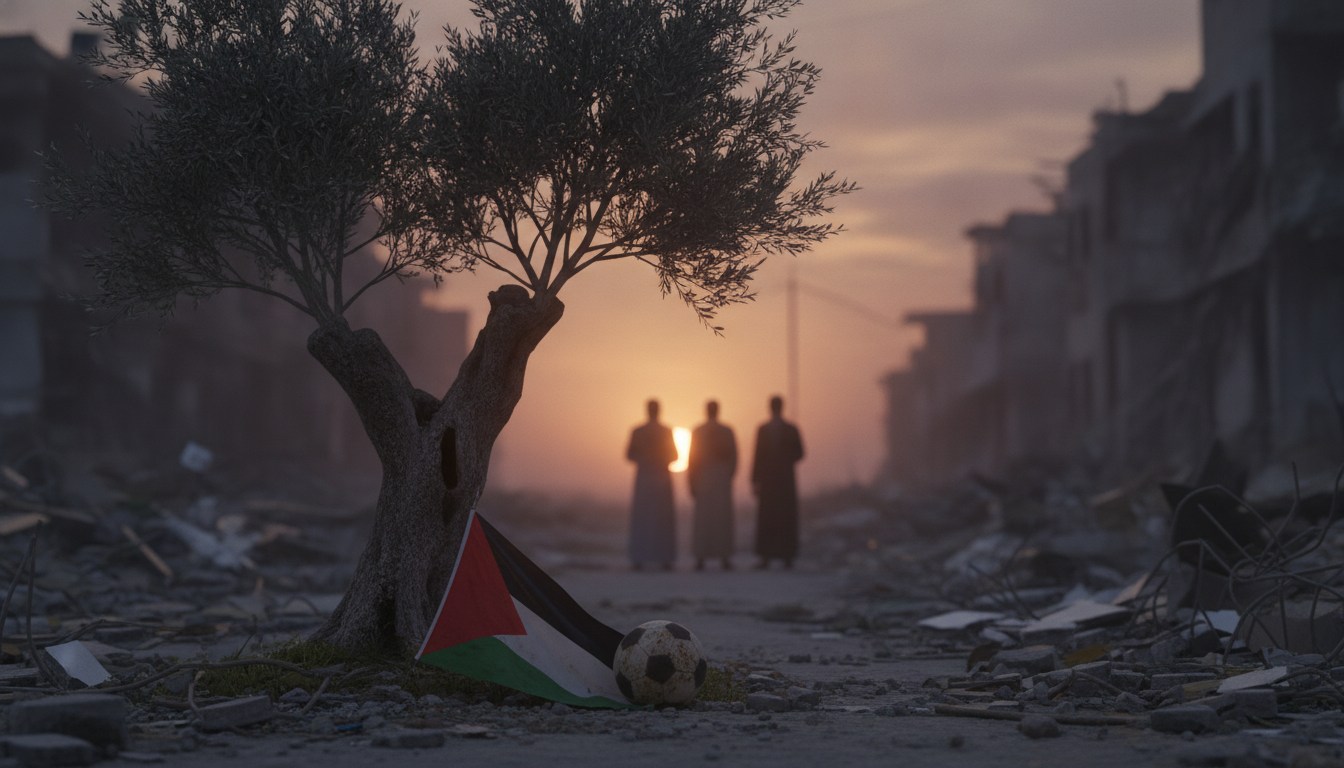 A poignant scene capturing the impact of loss in Gaza, focusing on a desolate street lined with debris and remnants of homes, symbolizing the aftermath of conflict. In the foreground, a solitary olive tree stands resilient against a backdrop of crumbling buildings. Surrounding the tree are subtle hints of everyday life: a worn soccer ball and a faded Palestinian flag caught in the breeze. The middle ground features abstract silhouettes of figures in modest clothing, gazing towards the horizon, conveying a sense of longing and hope. The background is filled with a hazy sky at dusk, casting an orange glow over the scene, enhancing the mood of somber reflection. The image should have soft, diffused lighting to evoke emotion, emphasizing both the beauty and tragedy of the landscape.