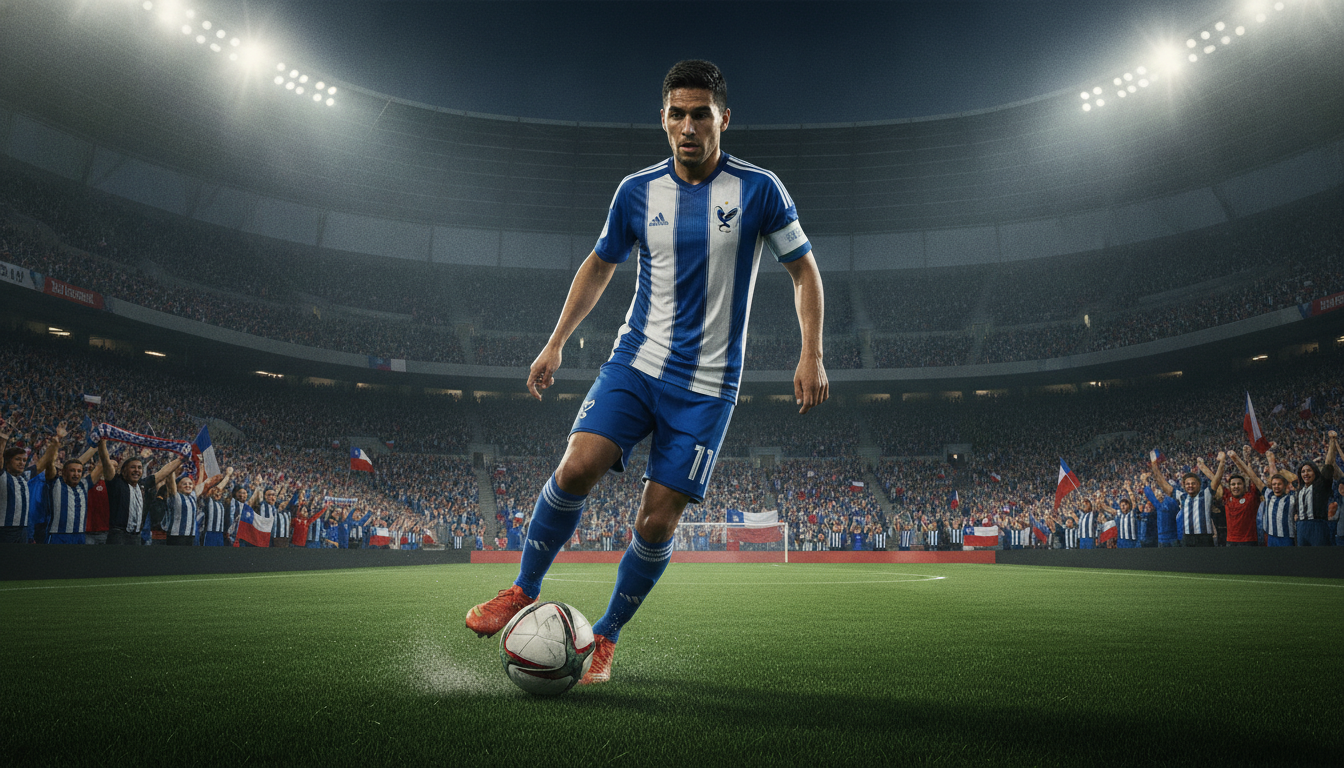 A portrait of a Chilean soccer player, Pedro Morales, on a vibrant soccer pitch in Major League Soccer. In the foreground, depict Morales in a professional soccer uniform, showcasing his skills with a focused expression as he dribbles the ball. Capture the intensity of the moment with dynamic movement and detailed features, like his jersey number and team logo. In the middle ground, include a diverse crowd of enthusiastic fans cheering with flags and scarves, reflecting the cultural impact of Chilenos in the MLS. The background should show a modern stadium under bright stadium lights, creating an energetic atmosphere. Use a wide-angle lens to emphasize the action, with a soft focus on the audience to draw attention to Morales. The mood should be inspirational, portraying the passion and dedication of the player amidst the excitement of American soccer. A portrait of a Chilean soccer player, Pedro Morales, on a vibrant soccer pitch in Major League Soccer. In the foreground, depict Morales in a professional soccer uniform, showcasing his skills with a focused expression as he dribbles the ball. Capture the intensity of the moment with dynamic movement and detailed features, like his jersey number and team logo. In the middle ground, include a diverse crowd of enthusiastic fans cheering with flags and scarves, reflecting the cultural impact of Chilenos in the MLS. The background should show a modern stadium under bright stadium lights, creating an energetic atmosphere. Use a wide-angle lens to emphasize the action, with a soft focus on the audience to draw attention to Morales. The mood should be inspirational, portraying the passion and dedication of the player amidst the excitement of American soccer.