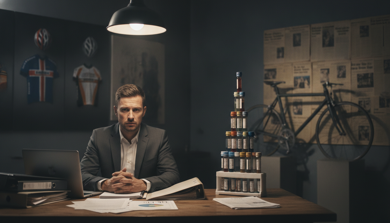 A powerful and evocative scene depicting the harsh reality of doping in cycling. In the foreground, a professional cyclist in business attire sits pensively at a table, expressing deep concern, with a slightly furrowed brow, surrounded by papers and files related to doping investigations. In the middle ground, a stack of doping test vials and a bicycle frame symbolize the tension between athletics and ethics. The background features a dimly lit room filled with blurred images of cycling memorabilia and a wall covered in newspaper clippings about doping scandals. Soft, dramatic lighting casts shadows, enhancing the somber mood of revelation and reflection. The overall atmosphere conveys a sense of secrecy and seriousness, inviting the viewer to ponder the implications of these testimonies on the sport. A powerful and evocative scene depicting the harsh reality of doping in cycling. In the foreground, a professional cyclist in business attire sits pensively at a table, expressing deep concern, with a slightly furrowed brow, surrounded by papers and files related to doping investigations. In the middle ground, a stack of doping test vials and a bicycle frame symbolize the tension between athletics and ethics. The background features a dimly lit room filled with blurred images of cycling memorabilia and a wall covered in newspaper clippings about doping scandals. Soft, dramatic lighting casts shadows, enhancing the somber mood of revelation and reflection. The overall atmosphere conveys a sense of secrecy and seriousness, inviting the viewer to ponder the implications of these testimonies on the sport.