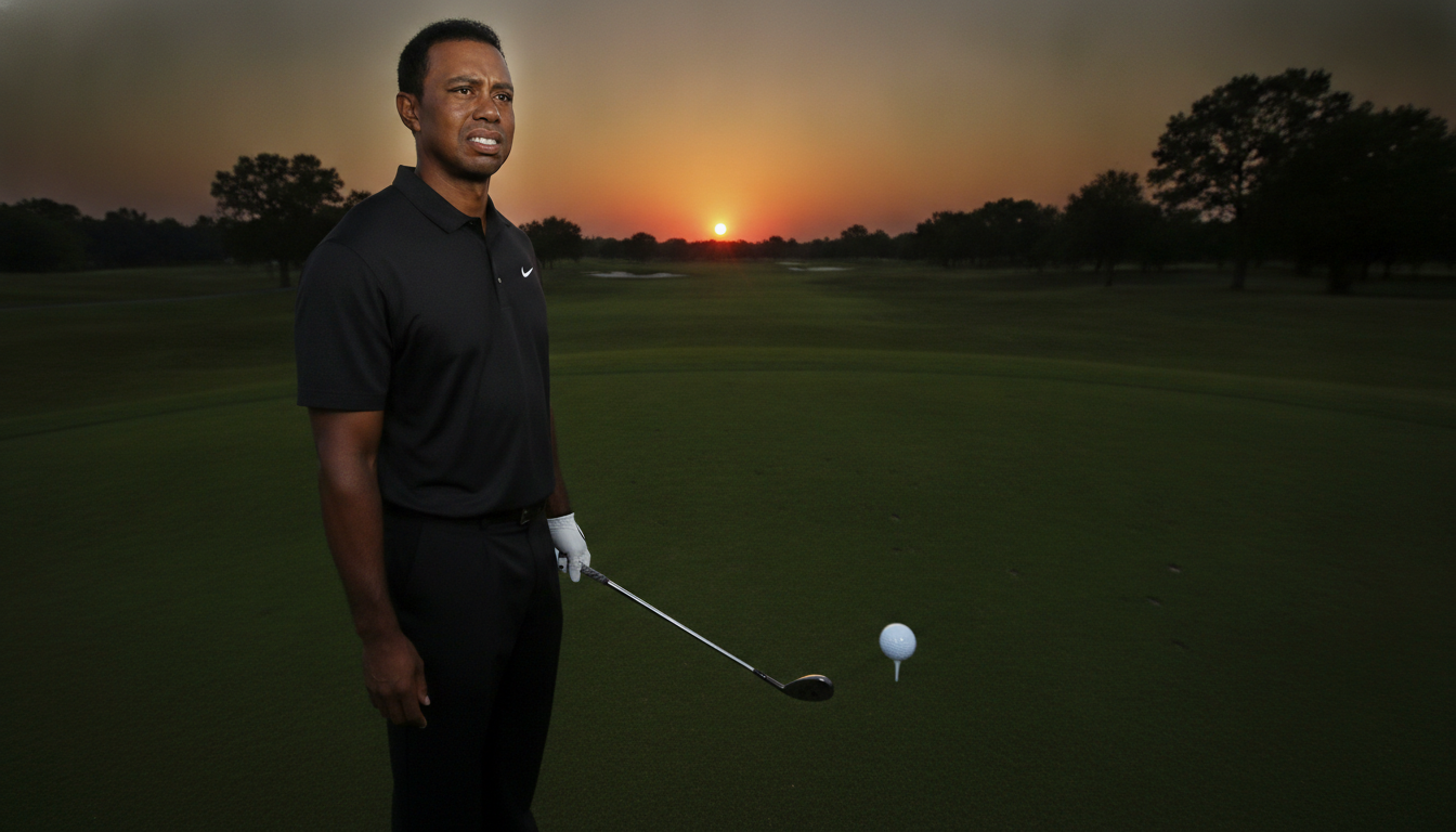 A powerful depiction of Tiger Woods, standing on a golf course, his expression a mix of determination and pain. In the foreground, his golf club rests heavily in his hand, symbolizing the burden of injury. The middle ground showcases a blurred golf ball on the tee, reflecting his once-dominant swing, now impacted by health struggles. In the background, a dramatic sunset casts long shadows across the course, enhancing the somber yet resilient mood. The lighting is warm but fading, suggesting a moment of introspection before dusk. Capture a sense of depth with a low angle shot, emphasizing Woods' stature against the vastness of the golf landscape, evoking a narrative of challenge and perseverance. The image should not include any captions or text overlays.