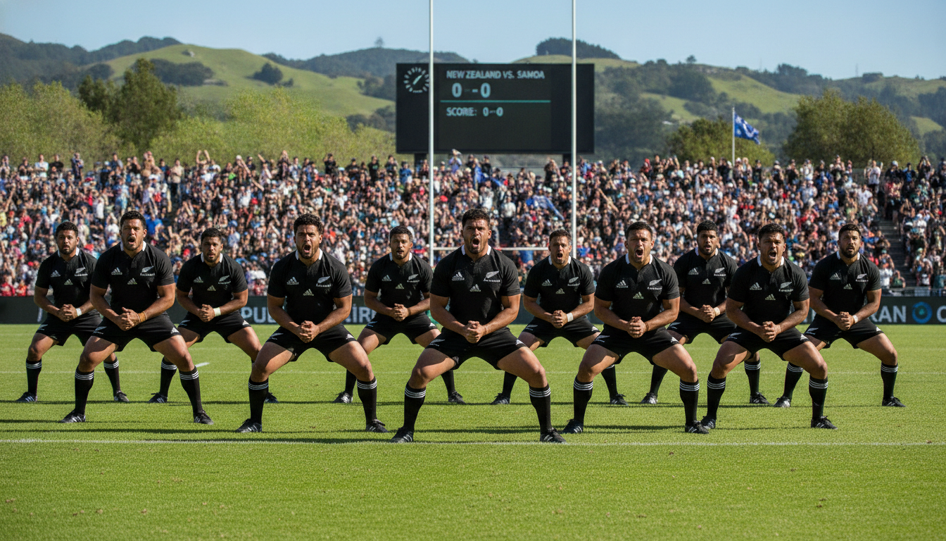 A powerful scene of a New Zealand rugby team performing the haka, set on a vibrant green rugby field. In the foreground, a group of strong rugby players, clad in black jerseys and shorts, stands united, showcasing fierce expressions and determined stances as they chant and perform the traditional dance. The middle ground features the field lined with spectators, their enthusiasm palpable and colors vivid, while a blurred scoreboard adds context without distraction. In the background, rolling green hills and a clear blue sky reflect New Zealand's natural beauty. The lighting is bright and dynamic, capturing the intensity and spirit of the moment, with a slightly low angle view to enhance the players' presence and create an atmosphere of historical significance and cultural pride.