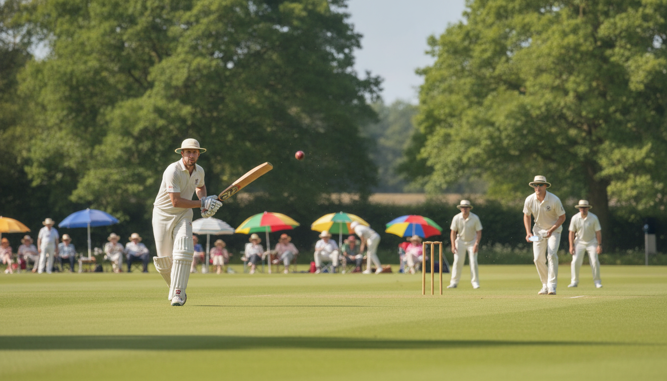 A serene and vibrant cricket field in England during a five-day match, showcasing players in traditional cricket attire, including white uniforms and sun hats, diligently engaged in gameplay. In the foreground, a focused batsman expertly playing a shot, while a bowler in mid-delivery appears in motion. The middle ground features a green rolling landscape with spectators seated under colorful umbrellas, enjoying their tea during a break. The background reveals picturesque old English trees and a clear blue sky, with soft sunlight filtering through, creating a warm and relaxed atmosphere. Emphasize the importance of tradition and the leisurely pace of the game, reflecting the essence of English cricket culture. Capture this scene with a shallow depth of field for an intimate feel, ensuring the focus remains on the players.