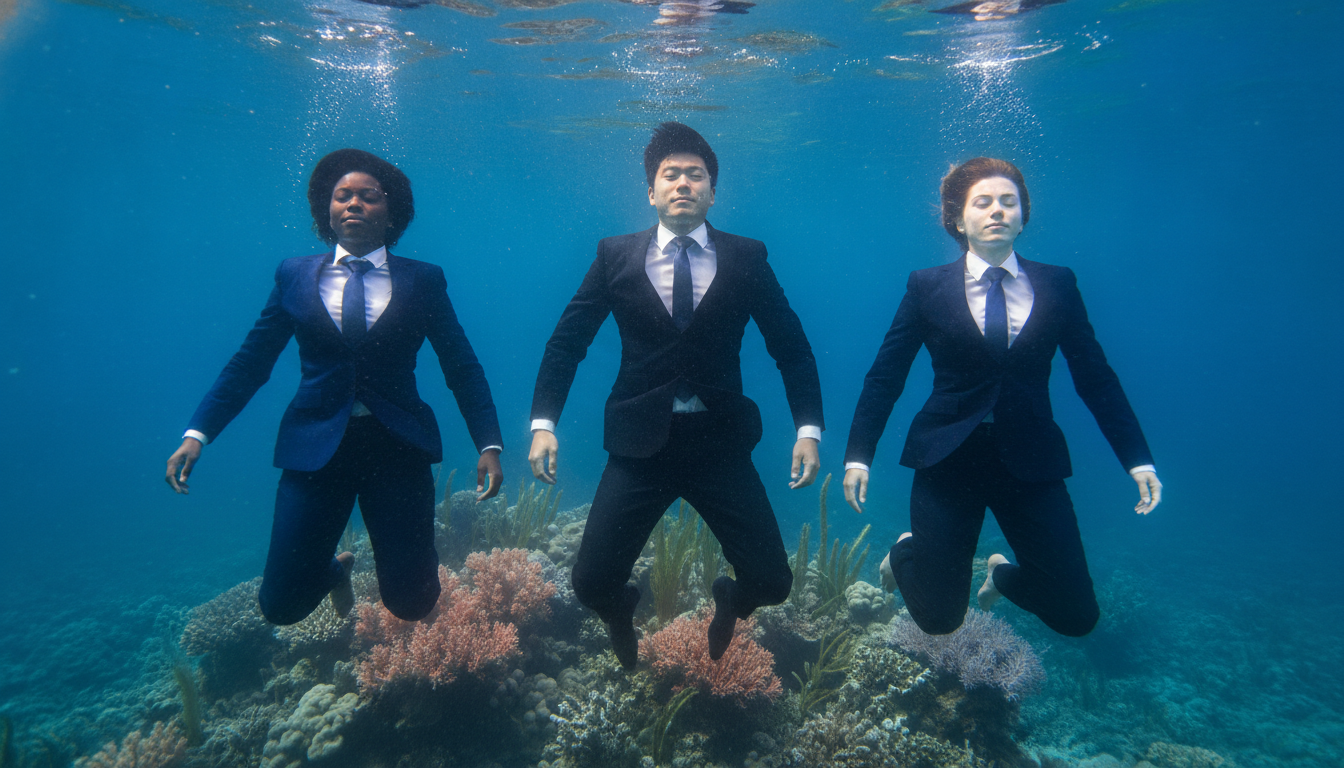 A serene underwater scene depicting a group of three diverse humans submerged in calm blue water, demonstrating the immersion reflex. They are dressed in professional business attire, looking relaxed and focused as they hold their breath, eyes closed, exhibiting a sense of tranquility. Sunlight filters through the water's surface, creating gentle beams that illuminate their faces and the intricate patterns of bubbles around them. In the background, soft corals and aquatic plants sway gently with the current, enhancing the peaceful atmosphere. The image is shot from a low angle, providing a sense of depth and emphasizing the underwater environment's beauty and serenity. The overall mood conveys calm concentration, reflecting the extraordinary human ability to adapt and endure underwater.