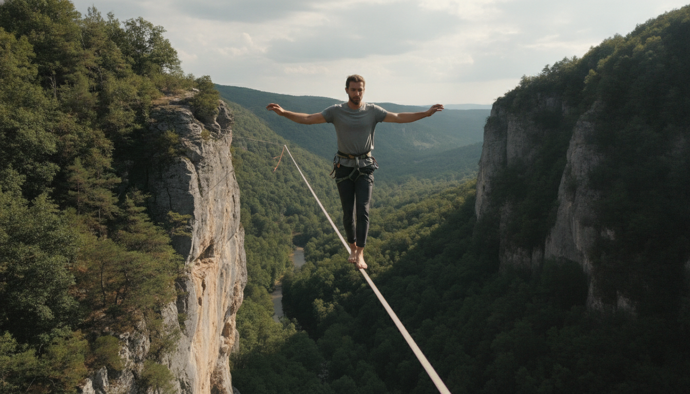 A skilled individual, dressed in modest activewear, balances confidently on a narrow slackline stretched high above a stunning green valley. The foreground features their focused expression and outstretched arms, conveying concentration and poise. In the middle ground, the slackline connects two towering cliffs, with the vast drop below highlighted to emphasize the height. Lush trees and rugged rock formations frame the scene, creating a sense of adventure. Soft, diffused sunlight filters through a partly cloudy sky, casting gentle shadows and enhancing the serene yet exhilarating atmosphere. The angle captures both the slacker's determination and the breathtaking landscape, inviting viewers into the world of highline balance and meditation in nature. A skilled individual, dressed in modest activewear, balances confidently on a narrow slackline stretched high above a stunning green valley. The foreground features their focused expression and outstretched arms, conveying concentration and poise. In the middle ground, the slackline connects two towering cliffs, with the vast drop below highlighted to emphasize the height. Lush trees and rugged rock formations frame the scene, creating a sense of adventure. Soft, diffused sunlight filters through a partly cloudy sky, casting gentle shadows and enhancing the serene yet exhilarating atmosphere. The angle captures both the slacker's determination and the breathtaking landscape, inviting viewers into the world of highline balance and meditation in nature.