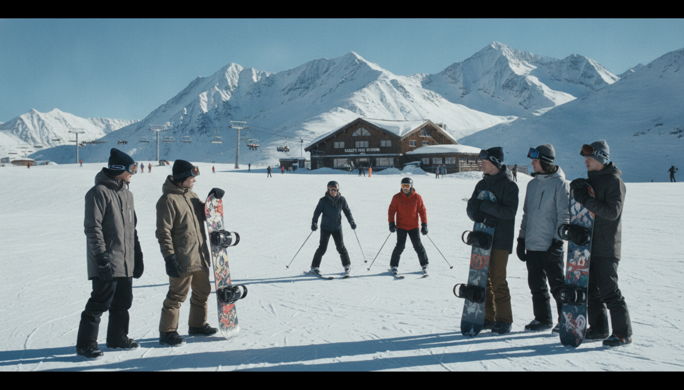 A snow-covered ski resort scene capturing the tension between snowboarders and skiers. In the foreground, a group of snowboarders in stylish yet modest winter gear, showcasing their boards, displaying a mix of determination and defiance. Nearby, skiers in traditional attire glide past, some looking disapprovingly at the snowboarders. The middle ground features a variety of ski lifts and snow-covered slopes, hinting at an iconic ski station. In the background, majestic snow-capped mountains touch a clear blue sky, illuminated by bright sunlight reflecting off the snow, casting long shadows. The atmosphere is charged with an undercurrent of rivalry, yet is rich with the thrill of winter sports. Shot with a wide-angle lens to capture the expansive scenery, evoking a sense of steep exhilaration.