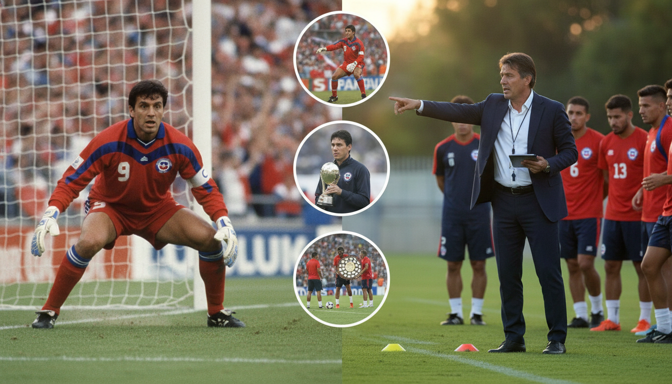 A split-image composition illustrating the career of Nelson Tapia as a player and coach. In the foreground, a focused Nelson Tapia, wearing a Chilean national team jersey from the 1998 World Cup, crouches in a goalpost, showcasing his determination, framed by a vibrant stadium crowd, highlighting the intensity of a match. In the middle, a scene of Tapia on the sidelines, wearing a smart, professional coach’s outfit, analyzing gameplay with concentration, surrounded by his team during a training session. The background features a montage of iconic moments from his career, such as key saves and coaching achievements, bathed in uplifting golden hour lighting to evoke nostalgia and inspiration. The overall mood is one of resilience and dedication, celebrating both his playing and coaching legacy.
