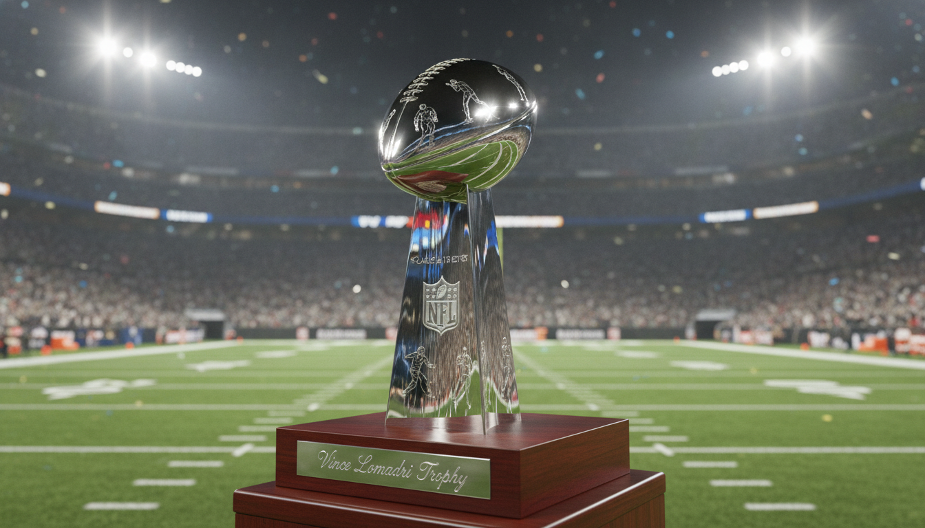 A stunning, detailed representation of the Vince Lombardi Trophy, featuring its iconic design. The trophy should be portrayed in the foreground, elegantly elevated on a polished wooden pedestal, reflecting the light. The trophy's gleaming silver surface showcases intricate engravings, capturing the elegance of its craftsmanship. In the middle ground, a softly blurred football field sets the stage, with vibrant green turf and subtle yard line markings. The background should feature a filled stadium under bright floodlights, adding to the atmosphere of grandeur and celebration. Use a soft focus effect to enhance depth while maintaining clarity on the trophy. The image conveys a mood of prestige and achievement, celebrating the legacy of the NFL.