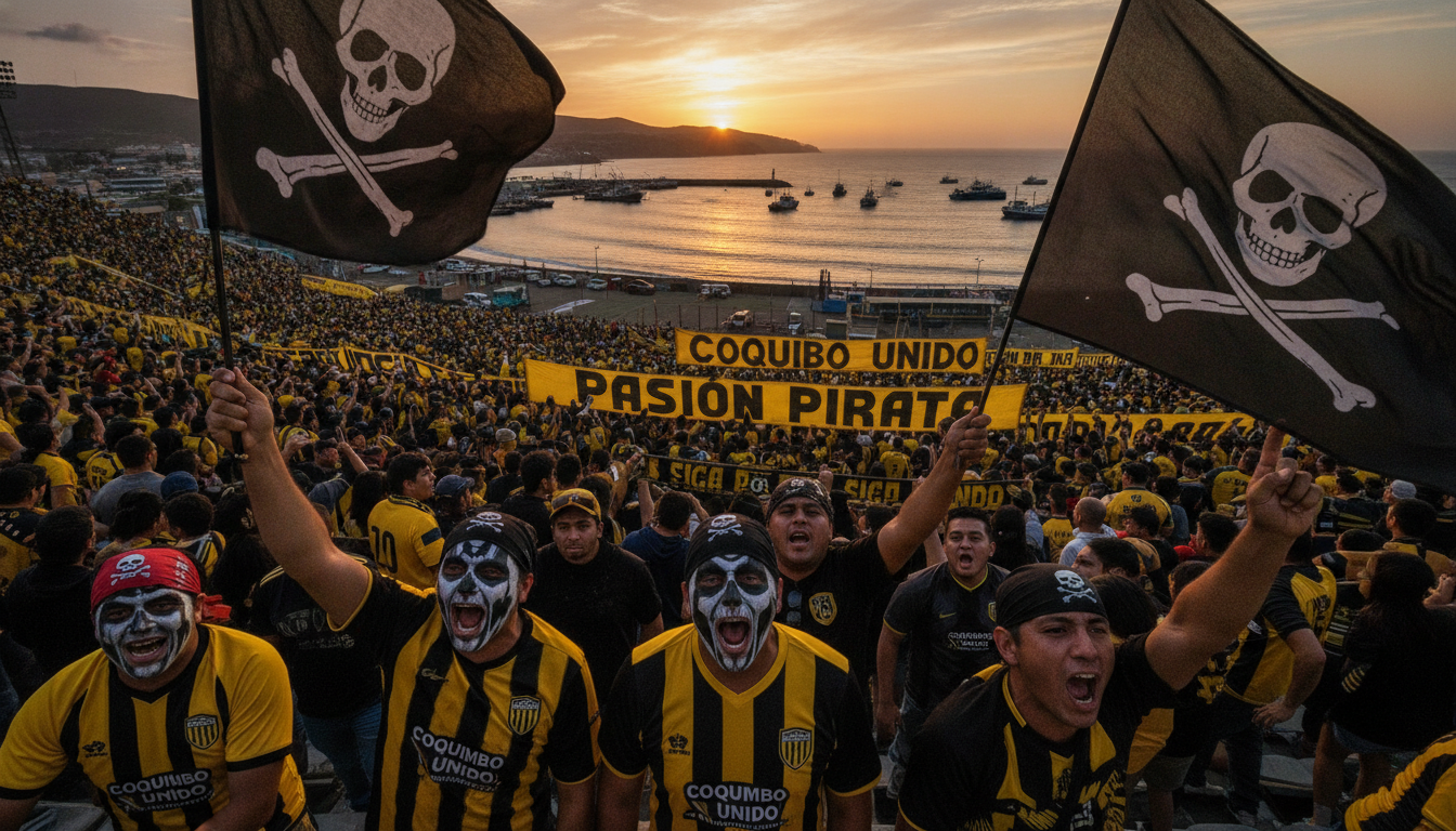 A vibrant and dynamic scene capturing the essence of "Coquimbo Unido y su pasión pirata." In the foreground, a passionate group of soccer fans, dressed in Coquimbo Unido jerseys, with face paint and pirate bandanas, cheer enthusiastically, waving flags adorned with skull and crossbones. The middle ground depicts a lively soccer stadium, filled with rows of excited supporters; banners celebrating the pirate identity are visible. In the background, the iconic shoreline of Coquimbo, with its picturesque harbor and a dusky sunset casting warm golden and orange hues, reflects the fusion of maritime and soccer culture. The composition should have a dramatic angle that emphasizes the energy of the crowd, with soft lighting highlighting faces, creating an atmosphere of unity and fervor.
