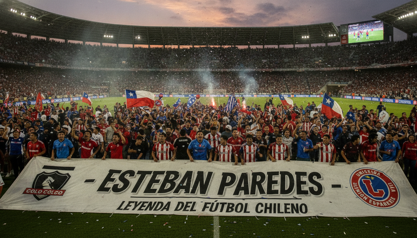 A vibrant and dynamic scene depicting a soccer stadium filled with passionate fans, showcasing the excitement surrounding Esteban Paredes' journey through major Chilean football clubs. In the foreground, capture a large banner displaying the logos of clubs like Colo-Colo, Universidad de Chile, and Unión Española, fluttering with enthusiasm. The middle ground features a diverse group of fans in colorful jerseys, cheering and waving flags, embodying the spirit of local football culture. The background shows a well-lit stadium under a dramatic evening sky, with floodlights casting a golden glow over the field. The atmosphere is electric, filled with emotion and pride, highlighting the importance of football in Chilean society. Use a wide-angle lens to capture the scale and intensity of the scene.