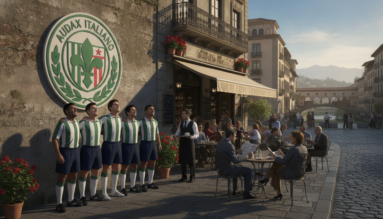 A vibrant and engaging scene depicting the Italian influence on Audax Italiano’s identity. In the foreground, a diverse group of Chilean soccer players, dressed in classic Audax Italiano jerseys, gazes proudly at the emblem of the club, which incorporates Italian elements. The middle ground features a vintage Italian café setting with patrons enjoying espresso and discussing soccer, symbolizing the cultural exchange. In the background, an urban landscape hints at Santiago, with Italian-inspired architecture like arches and terracotta rooftops. The lighting is warm and inviting, reminiscent of a sunny day in Italy, casting soft shadows. Capture a mood of camaraderie and pride, showcasing the rich heritage that intertwines Italian culture with Chilean sports. Focus on clarity and warmth, using a wide-angle lens to encompass the lively atmosphere without any text or watermarks. A vibrant and engaging scene depicting the Italian influence on Audax Italiano’s identity. In the foreground, a diverse group of Chilean soccer players, dressed in classic Audax Italiano jerseys, gazes proudly at the emblem of the club, which incorporates Italian elements. The middle ground features a vintage Italian café setting with patrons enjoying espresso and discussing soccer, symbolizing the cultural exchange. In the background, an urban landscape hints at Santiago, with Italian-inspired architecture like arches and terracotta rooftops. The lighting is warm and inviting, reminiscent of a sunny day in Italy, casting soft shadows. Capture a mood of camaraderie and pride, showcasing the rich heritage that intertwines Italian culture with Chilean sports. Focus on clarity and warmth, using a wide-angle lens to encompass the lively atmosphere without any text or watermarks.