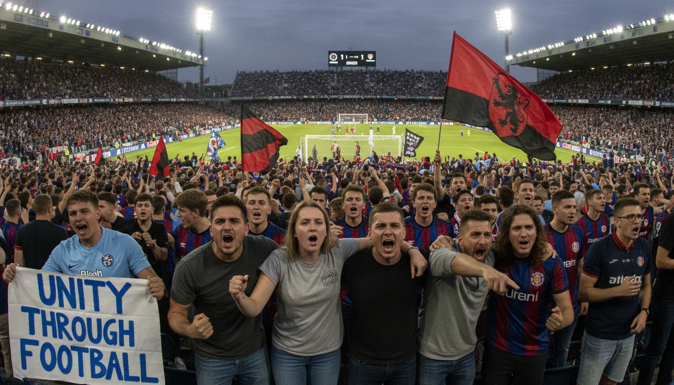 A vibrant football stadium scene filled with passionate fans reacting to a moment in the game. In the foreground, a diverse group of supporters in modest casual clothing, their facial expressions reflecting excitement and frustration. Some hold banners and flags representing their club, while others chant or shout. In the middle ground, a sea of fans stands shoulder to shoulder, many raising their arms in solidarity, their team colors dominating the scene. The background shows a packed stadium with bright floodlights illuminating the crowd, creating an energetic atmosphere. A slightly blurry effect captures the motion of waving flags. The mood is intense and spirited, conveying the fervent love and connection between the fans and their club, with a focus on unity during both celebration and protest.