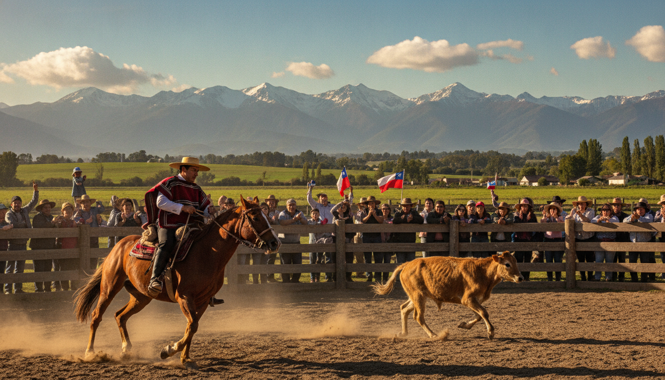 A vibrant scene depicting a traditional Chilean rodeo event, showcasing the essence of the "Federación del Rodeo Chileno." In the foreground, a skilled huaso in traditional attire, including a colorful poncho and wide-brimmed hat, expertly controls a spirited horse. The rider demonstrates precise horsemanship as they navigate around a small pen with a calf. In the middle ground, an audience of families and friends watches, expressing excitement and appreciation for the sport. The background reveals an expansive rural landscape under a brilliant blue sky, with distant mountains and lush green fields. Golden sunlight casts warm highlights, enhancing the lively atmosphere of this culturally rich event, bringing the heritage of Chilean rodeo to life.