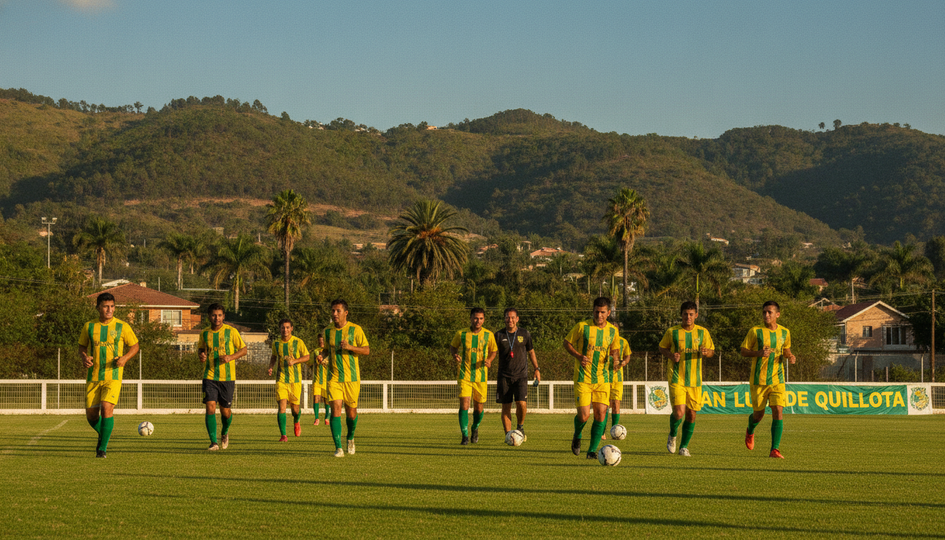 A vibrant scene depicting the San Luis de Quillota football club in action. In the foreground, a diverse group of players wearing the club’s traditional yellow and green uniforms, energetically engaging in a training session. They display expressions of determination and teamwork. In the middle ground, the lush landscape of Quillota, featuring rolling hills and vibrant greenery, hints at the locale’s rich Canary heritage. In the background, a clear blue sky creates an uplifting atmosphere, with soft sunlight illuminating the scene, casting gentle shadows. The angle is slightly elevated, providing a dynamic view of the players alongside their passionate coach. The mood is one of dedication and enthusiasm, encapsulating the spirit of community and history associated with the club, reflecting its deep roots in local culture. A vibrant scene depicting the San Luis de Quillota football club in action. In the foreground, a diverse group of players wearing the club’s traditional yellow and green uniforms, energetically engaging in a training session. They display expressions of determination and teamwork. In the middle ground, the lush landscape of Quillota, featuring rolling hills and vibrant greenery, hints at the locale’s rich Canary heritage. In the background, a clear blue sky creates an uplifting atmosphere, with soft sunlight illuminating the scene, casting gentle shadows. The angle is slightly elevated, providing a dynamic view of the players alongside their passionate coach. The mood is one of dedication and enthusiasm, encapsulating the spirit of community and history associated with the club, reflecting its deep roots in local culture.