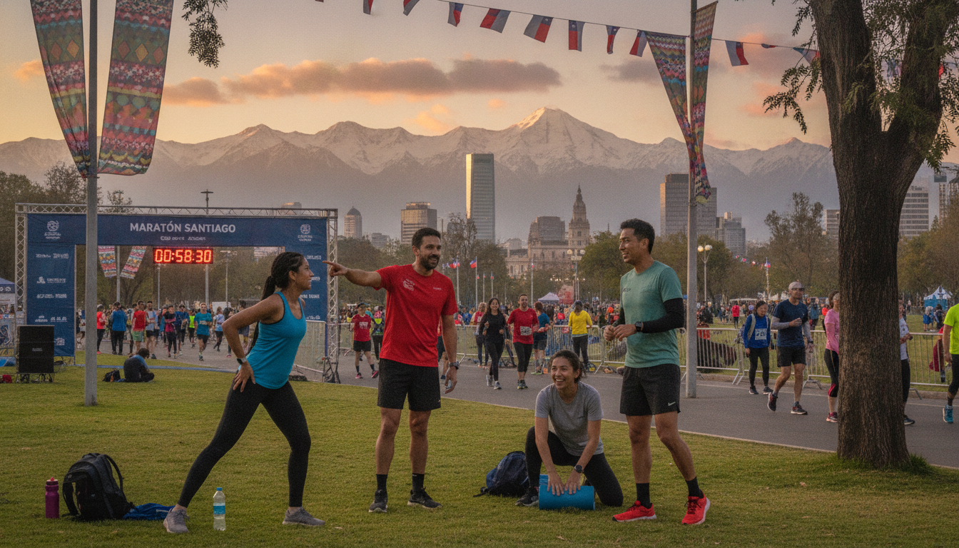 A vibrant scene showcasing a diverse group of runners preparing for the Santiago Marathon, set in a park adorned with Chilean flags and colorful banners. In the foreground, several runners in modest athletic wear, including men and women of various ethnicities, are stretching and discussing their strategies. The middle ground features a scenic view of the Andes Mountains, with early morning sunlight casting a warm glow on the landscape. The background contains iconic Santiago architecture, suggesting the city’s skyline. The atmosphere is energetic and motivational, encapsulating the spirit of camaraderie and excitement among runners. The lighting is soft but bright, creating an uplifting mood that invites viewers to feel inspired about marathon preparation.