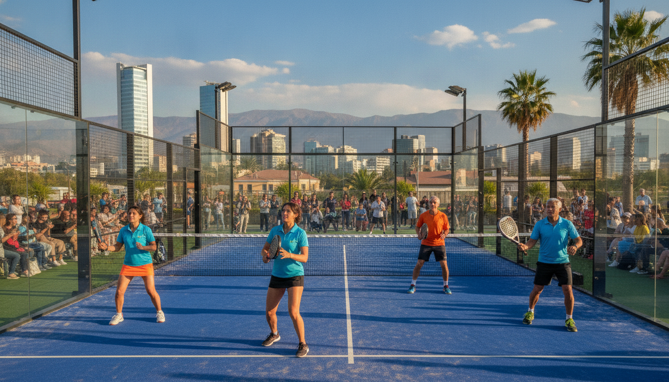 A vibrant sports scene showcasing the growth of padel in the 21st century. In the foreground, diverse players of various ages and ethnicities engage in an energetic match, wearing professional sports attire. The middle ground features a modern padel court, with lush greenery and enthusiastic spectators. The background captures a sunny sky with a blend of urban and natural landscapes, symbolizing the sport's expansion in Chile. Soft sunlight bathes the scene, creating an inviting and dynamic atmosphere. Use a wide-angle lens to accentuate the action and movement. The overall mood is one of excitement and community, reflecting the popularity and cultural significance of padel in contemporary society. The image should be bright, colorful, and engaging, evoking the spirit of the sport. A vibrant sports scene showcasing the growth of padel in the 21st century. In the foreground, diverse players of various ages and ethnicities engage in an energetic match, wearing professional sports attire. The middle ground features a modern padel court, with lush greenery and enthusiastic spectators. The background captures a sunny sky with a blend of urban and natural landscapes, symbolizing the sport's expansion in Chile. Soft sunlight bathes the scene, creating an inviting and dynamic atmosphere. Use a wide-angle lens to accentuate the action and movement. The overall mood is one of excitement and community, reflecting the popularity and cultural significance of padel in contemporary society. The image should be bright, colorful, and engaging, evoking the spirit of the sport.