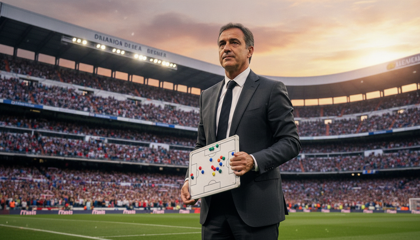 A vivid depiction of Manuel Pellegrini during his tenure at Real Madrid, showcasing both challenges and lessons learned. In the foreground, Pellegrini stands thoughtfully with a tactical board, dressed in professional attire, symbolizing his strategic mindset. The middle ground features a blurred image of a packed Santiago Bernabéu Stadium, with fans cheering passionately. In the background, a dramatic sunset casts warm orange and purple hues over the iconic stadium, enhancing the atmosphere of ambition and determination. The scene captures a sense of introspection and resilience, emphasizing Pellegrini's innovative approach to football in a dynamic and competitive environment. Utilize soft, natural lighting to create a professional yet evocative mood, focusing on the contrast between the emotionally charged crowd and the calm intensity of the coach.