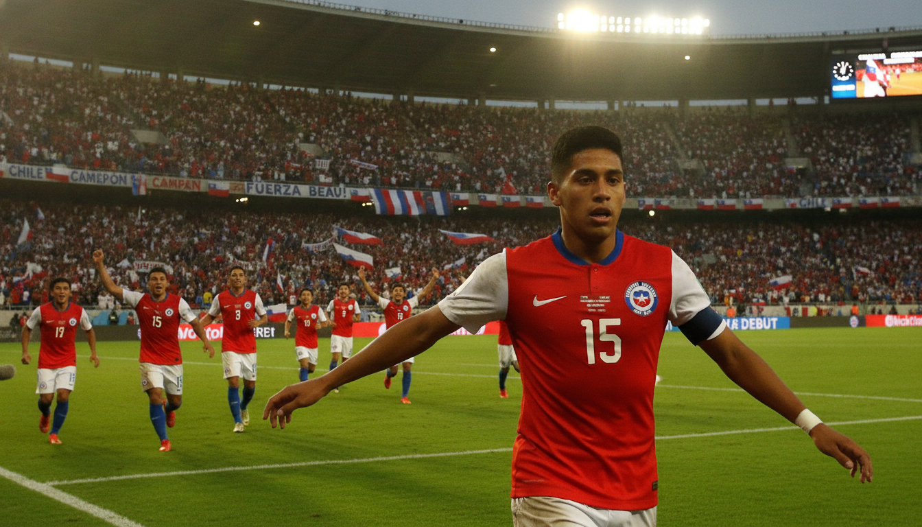 A young Jean Beausejour in the foreground, wearing a Chilean national soccer jersey with a determined expression, showcasing the moment of his debut in the national team. He is positioned dynamically, as if in mid-action, with a soccer field vividly displayed behind him. The middle layer shows teammates and an enthusiastic crowd in the stands, celebrating, waving flags, and showing support. The background captures a vibrant stadium under bright, warm stadium lights, with an electric atmosphere highlighted. The composition should have a cinematic angle, shot from a low perspective, emphasizing the excitement and importance of this pivotal moment in his career. The overall mood is inspirational and filled with anticipation, reflecting the start of a legendary journey in soccer.