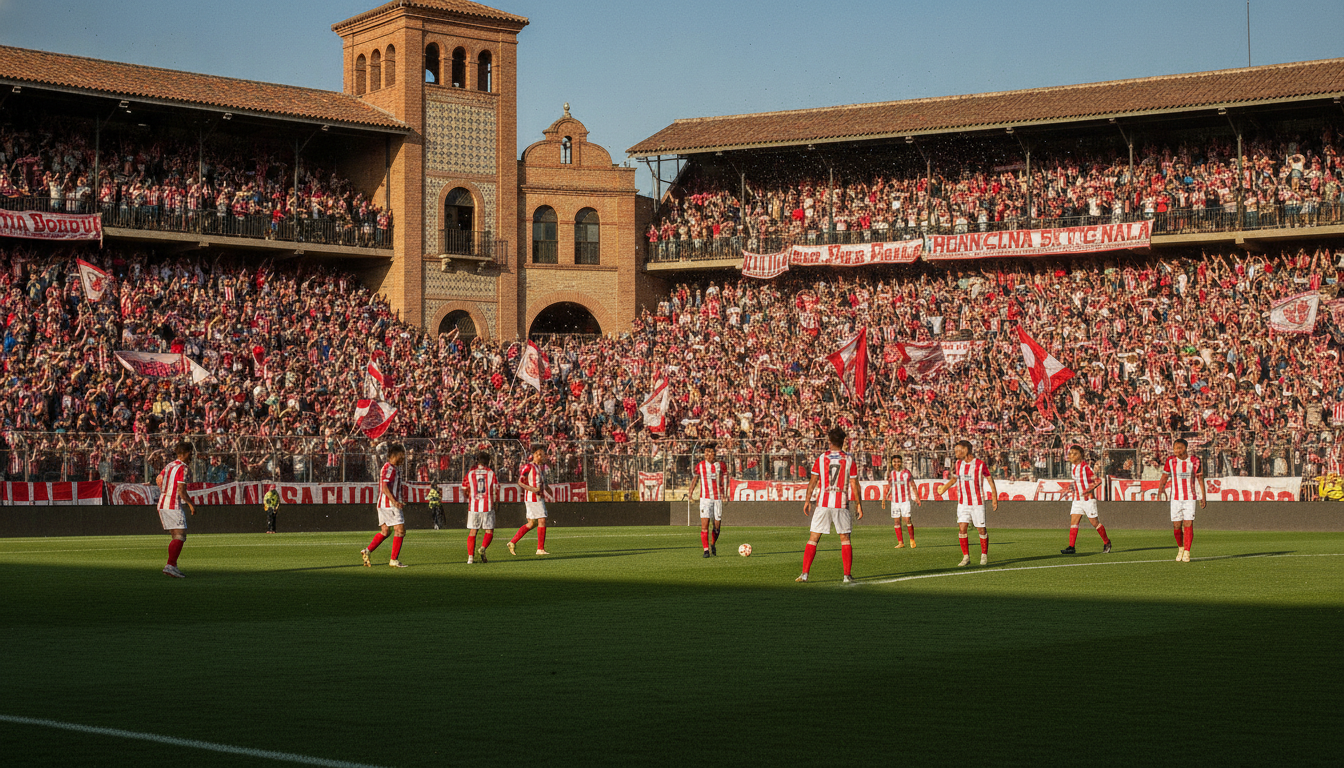 Depict a vibrant scene of Unión Española's iconic Santa Laura Stadium, capturing the essence of its rich Spanish heritage. In the foreground, showcase a beautifully manicured pitch, with players in red and white uniforms demonstrating teamwork. The middle ground reveals enthusiastic fans, wearing team scarves and jerseys, cheering passionately, radiating a sense of community and pride. In the background, the distinctive architectural features of the stadium stand tall under a clear blue sky, bathed in warm afternoon light, highlighting the textured brick facade. Use a wide-angle lens to encapsulate the atmosphere, fostering a lively and inspiring mood, evoking a sense of legacy and identity deeply rooted in Hispanic traditions. Ensure the scene is dynamic, yet respectful, with no text or branding visible.