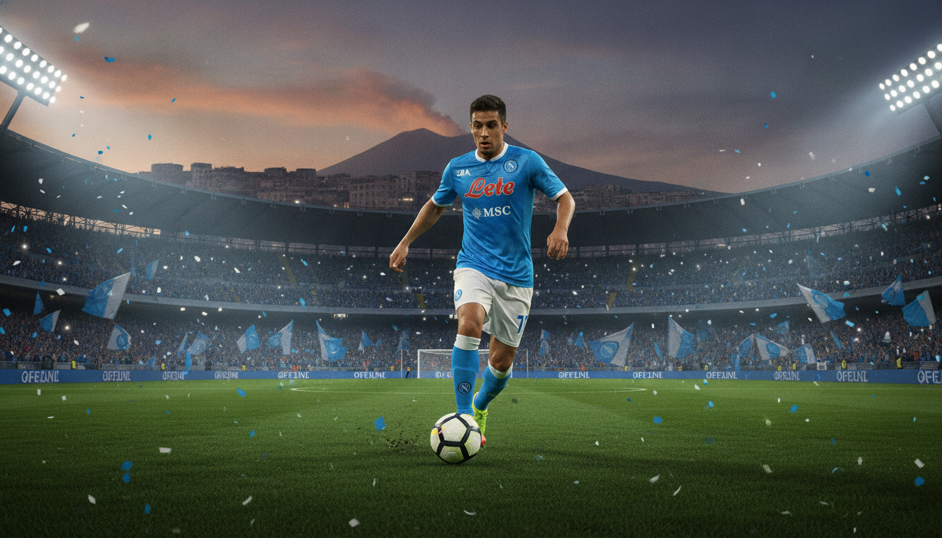 Eduardo Vargas, wearing Napoli's iconic blue jersey, skillfully dribbling a soccer ball on a vibrant green pitch under the bright lights of a packed stadium. In the foreground, his intense focus and determination are palpable, showcasing his commitment to excellence. The middle ground reveals excited fans in the stands, waving Napoli flags and creating an electric atmosphere. The background features the historic Naples skyline at dusk, with Mount Vesuvius in the distance, casting a warm glow over the scene. The composition captures a dynamic angle, emphasizing Vargas's athleticism as he navigates challenges in European football. The mood is one of aspiration and resilience, embodying the spirit of adventure that comes with playing at this elite level.