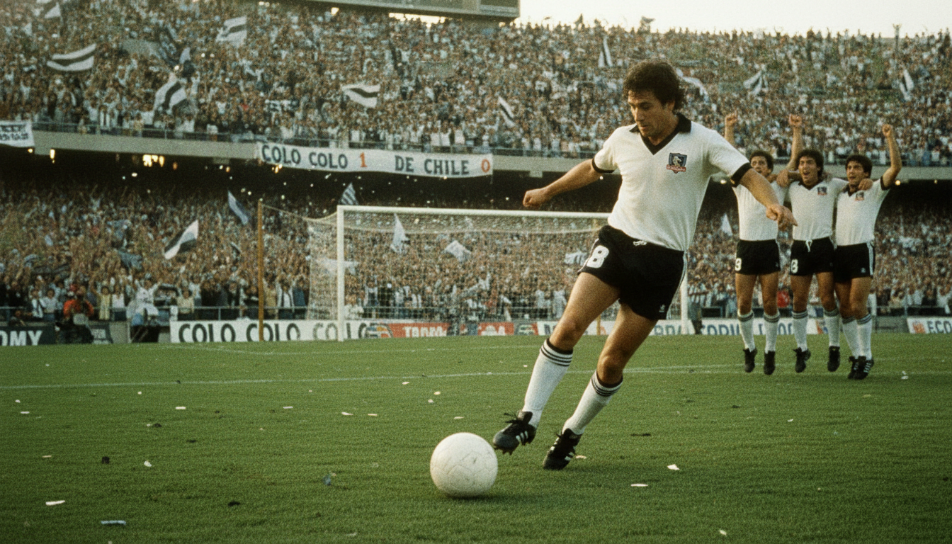 Francisco "Chamaco" Valdés in action during a historic match with Colo Colo, showcasing his dynamic playing style. In the foreground, Valdés, wearing the classic white and black Colo Colo jersey, is captured mid-kick, his expression intense and focused. His teammates are visible in the background, celebrating a goal, creating a sense of camaraderie and excitement. The stadium is filled with passionate fans waving flags, enhancing the atmosphere of vibrant energy. Soft, dramatic lighting highlights Valdés, creating a heroically illuminated effect against the slightly blurred crowd. The setting is a lively, historical football pitch, with green grass and goalposts defined clearly, conveying nostalgia and pride in Chilean football history. The overall mood is celebratory and inspiring, reflecting Valdés's legendary contributions to the sport.