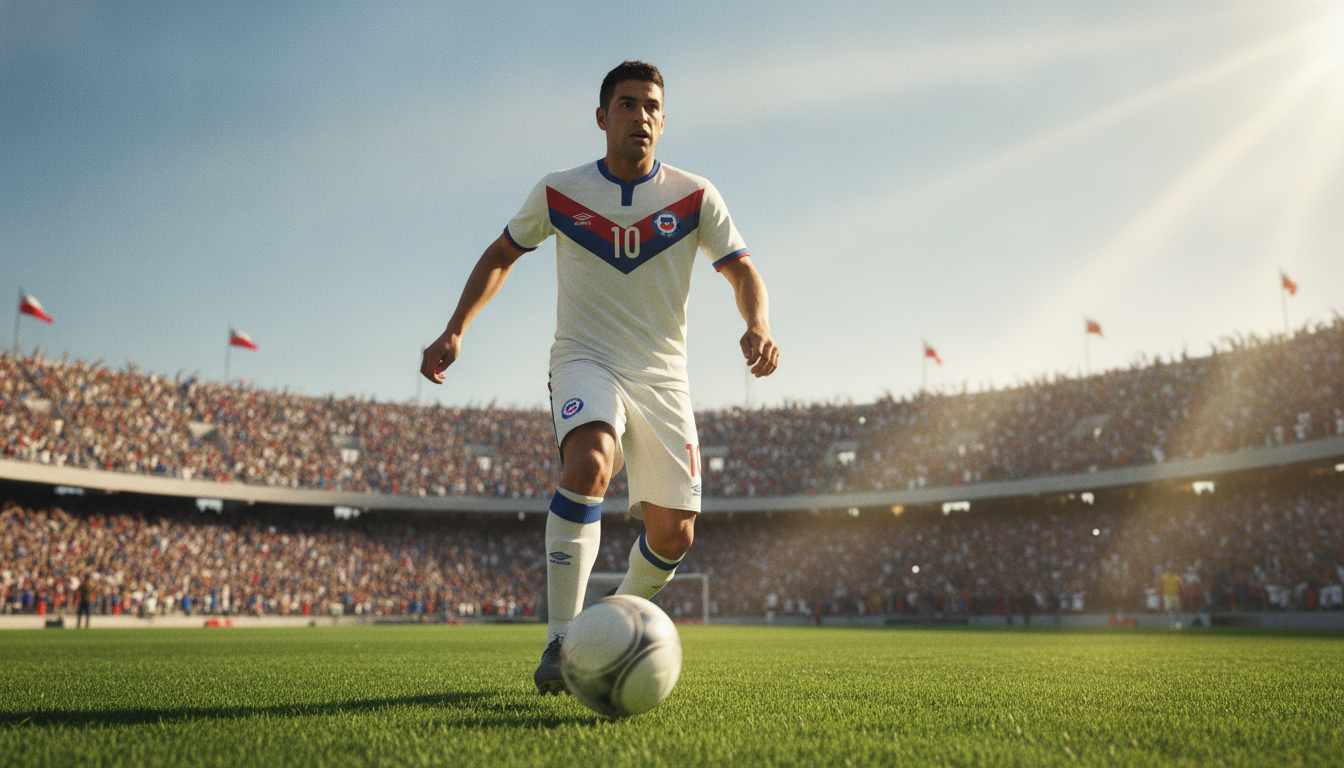 Matías Fernández, the Mejor de América 2006, is depicted in a dynamic soccer pose, dribbling the ball with precision on a vibrant green pitch. His expression shows intense focus and determination, capturing the essence of his talent. In the foreground, detail his athletic build wearing a stylish national team jersey adorned with the number '10.' In the middle ground, showcase a cheering crowd blurred in excitement, accentuating his impact on the game. The background features a crisp blue sky with bright sunlight filtering through, creating an uplifting atmosphere. Use a slightly low-angle shot to emphasize the force of his movement, with soft shadows adding depth and realism. The overall mood is inspiring and energetic, reflecting the spirit of football and Matías's extraordinary skill. Matías Fernández, the Mejor de América 2006, is depicted in a dynamic soccer pose, dribbling the ball with precision on a vibrant green pitch. His expression shows intense focus and determination, capturing the essence of his talent. In the foreground, detail his athletic build wearing a stylish national team jersey adorned with the number '10.' In the middle ground, showcase a cheering crowd blurred in excitement, accentuating his impact on the game. The background features a crisp blue sky with bright sunlight filtering through, creating an uplifting atmosphere. Use a slightly low-angle shot to emphasize the force of his movement, with soft shadows adding depth and realism. The overall mood is inspiring and energetic, reflecting the spirit of football and Matías's extraordinary skill.