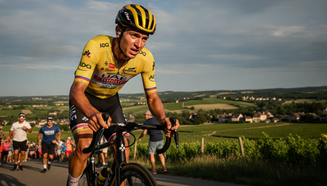 Tadej Pogacar, a focused and determined professional cyclist, is captured mid-race during the Tour de France. In the foreground, he is straining with intense concentration, his muscles taut and glistening with sweat, wearing a vibrant, eye-catching team jersey and helmet. The middle ground features the picturesque French countryside, with rolling hills and cheering spectators, emphasizing the grueling challenge of the race. The background includes a clear blue sky, hinting at the heat and pressure of competition. The lighting is dramatic, casting shadows that highlight Pogacar’s effort and the inherent strain of the race. The angle is low, emphasizing the cyclist’s powerful stance as he faces the uphill battle, encapsulating the mental and physical struggle of completing the Tour de France. Tadej Pogacar, a focused and determined professional cyclist, is captured mid-race during the Tour de France. In the foreground, he is straining with intense concentration, his muscles taut and glistening with sweat, wearing a vibrant, eye-catching team jersey and helmet. The middle ground features the picturesque French countryside, with rolling hills and cheering spectators, emphasizing the grueling challenge of the race. The background includes a clear blue sky, hinting at the heat and pressure of competition. The lighting is dramatic, casting shadows that highlight Pogacar’s effort and the inherent strain of the race. The angle is low, emphasizing the cyclist’s powerful stance as he faces the uphill battle, encapsulating the mental and physical struggle of completing the Tour de France.