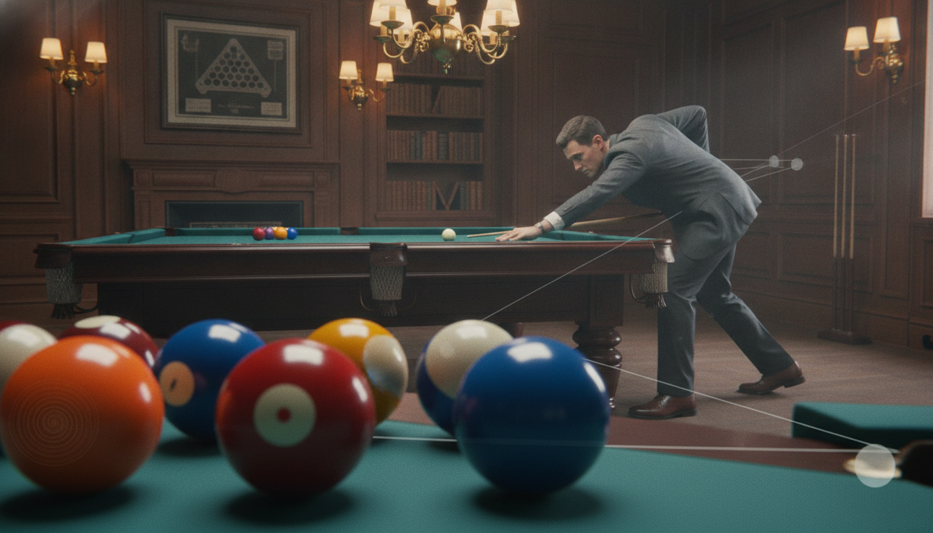 A beautifully detailed pool table scene set in a sophisticated billiard room. Foreground: close-up of colorful billiard balls in perfect alignment, showcasing various angles and effects applied to the balls. Each ball reflects light differently, highlighting textures and shine. Middle ground: a well-dressed player in professional attire, poised to strike, demonstrating precision and focus. Their body language illustrates motion and intention, creating a sense of action. Background: a richly adorned room with elegant lighting casting a warm glow, accented by dark wood paneling and lush green felt on the table. The atmosphere is intimate and focused, capturing the essence of advanced physics and geometry in billiards. Subtle beams of light emphasize angles and trajectories.