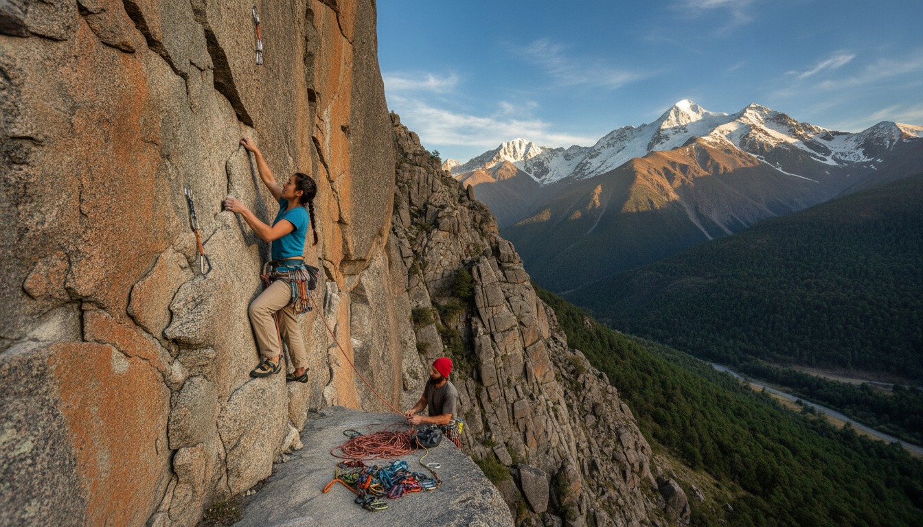 A breathtaking rock climbing scene in Chile, showcasing a climber in a modest climbing outfit ascending a rugged granite cliff. In the foreground, intricate details of the rock face are highlighted, with textured surfaces and crevices that reflect the unique geology of the region. In the middle ground, another climber can be seen preparing to scale a challenging route, surrounded by colorful climbing gear. The background features the stunning Chilean landscape, with the Andes mountains soaring under a bright blue sky dotted with wispy clouds, and patches of lush greenery below. The warm afternoon sunlight casts dynamic shadows, creating a sense of adventure and exhilaration. The atmosphere is vibrant and energetic, capturing the essence of outdoor rock climbing in Chile.