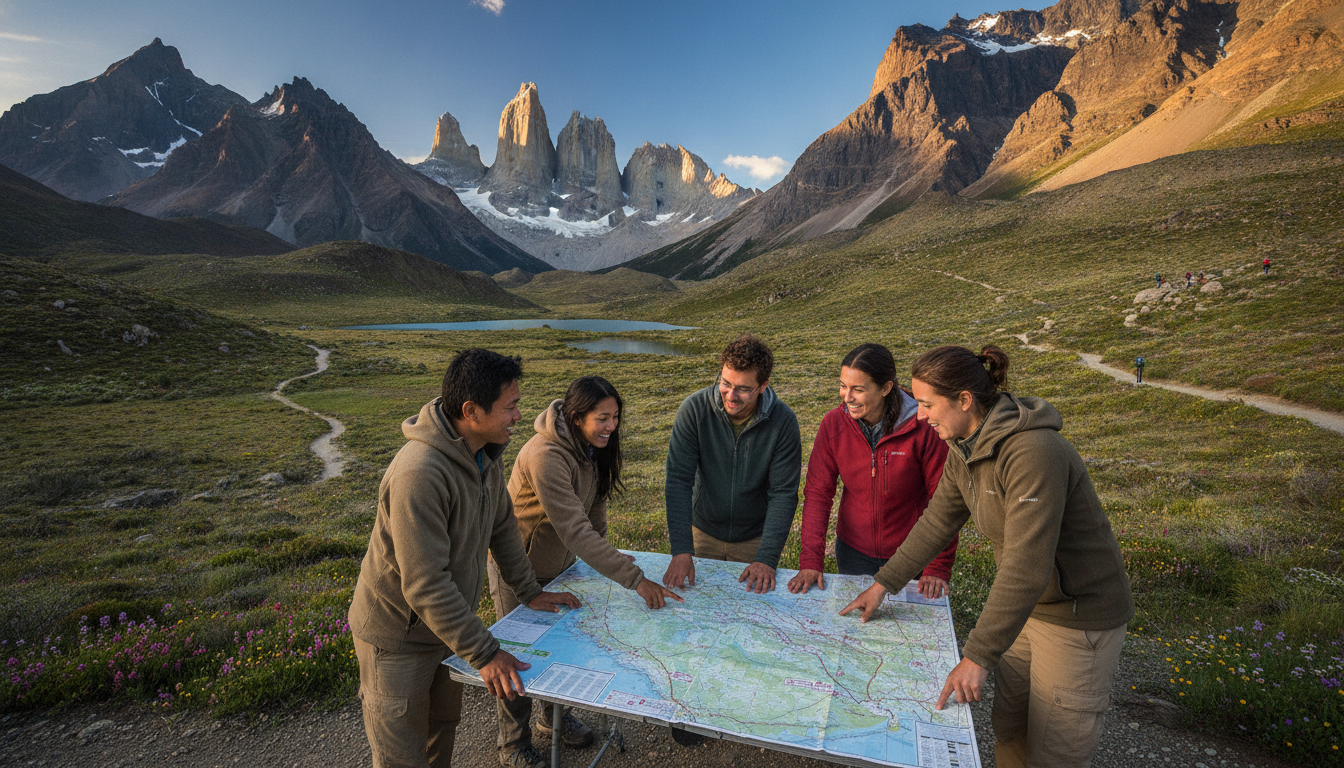A breathtaking view of Torres del Paine National Park, showcasing the iconic granite peaks in the background under a vibrant blue sky. In the foreground, a diverse group of hikers, dressed in modest outdoor clothing, is gathered, discussing and pointing towards different trekking circuits on a detailed map. The middle ground features marked trails winding through lush green valleys and vibrant wildflowers, with some adventurous climbers visible on the slopes of the majestic mountains. Soft, natural lighting bathes the landscape in warmth, emphasizing the rugged beauty and inviting atmosphere of the region. The scene encapsulates the joy of exploring nature and choosing the perfect trek, conveying a sense of adventure and camaraderie among outdoor enthusiasts.