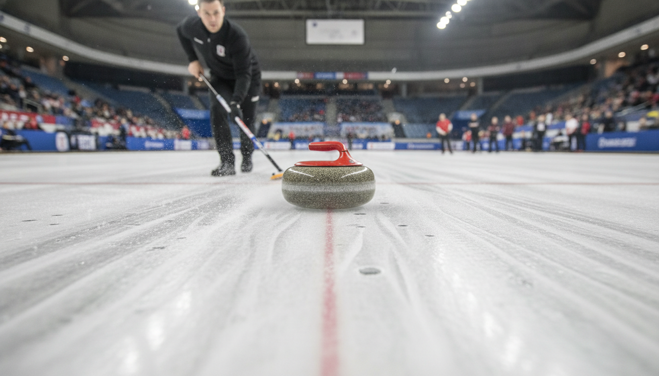 A close-up view of a curling stone gliding over a sheet of polished ice with microscopic texture variations, emphasizing the scientific aspect of ice surface manipulation. In the foreground, there's a professional curler in action, wearing a smart casual outfit, sweeping the ice with a broom, creating a dynamic blur effect to illustrate movement. The middle ground features intricate patterns of the ice surface, showing a combination of smooth and textured areas under bright, diffused lighting. In the background, a curling rink filled with spectators is blurred out to maintain focus on the science of ice. The overall mood is energetic yet focused, capturing the precision and technicality of curling.