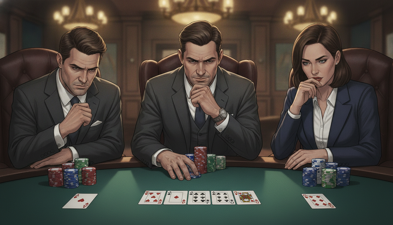 A detailed and captivating illustration of the basic rules of Texas Hold'em poker. In the foreground, display a well-finished wooden poker table with a green felt surface, featuring a set of neatly arranged poker chips and two open hands of playing cards. In the middle, include professional players in smart business attire, intently observing the game, with serious expressions hinting at strategic thinking. In the background, incorporate dim ambient lighting with soft focused chandeliers that create a cozy yet competitive atmosphere typical of a high-stakes poker room. The setting should suggest both tension and focus, emphasizing the serious nature of game strategy and mathematical probabilities involved in poker, without any text or extraneous elements.